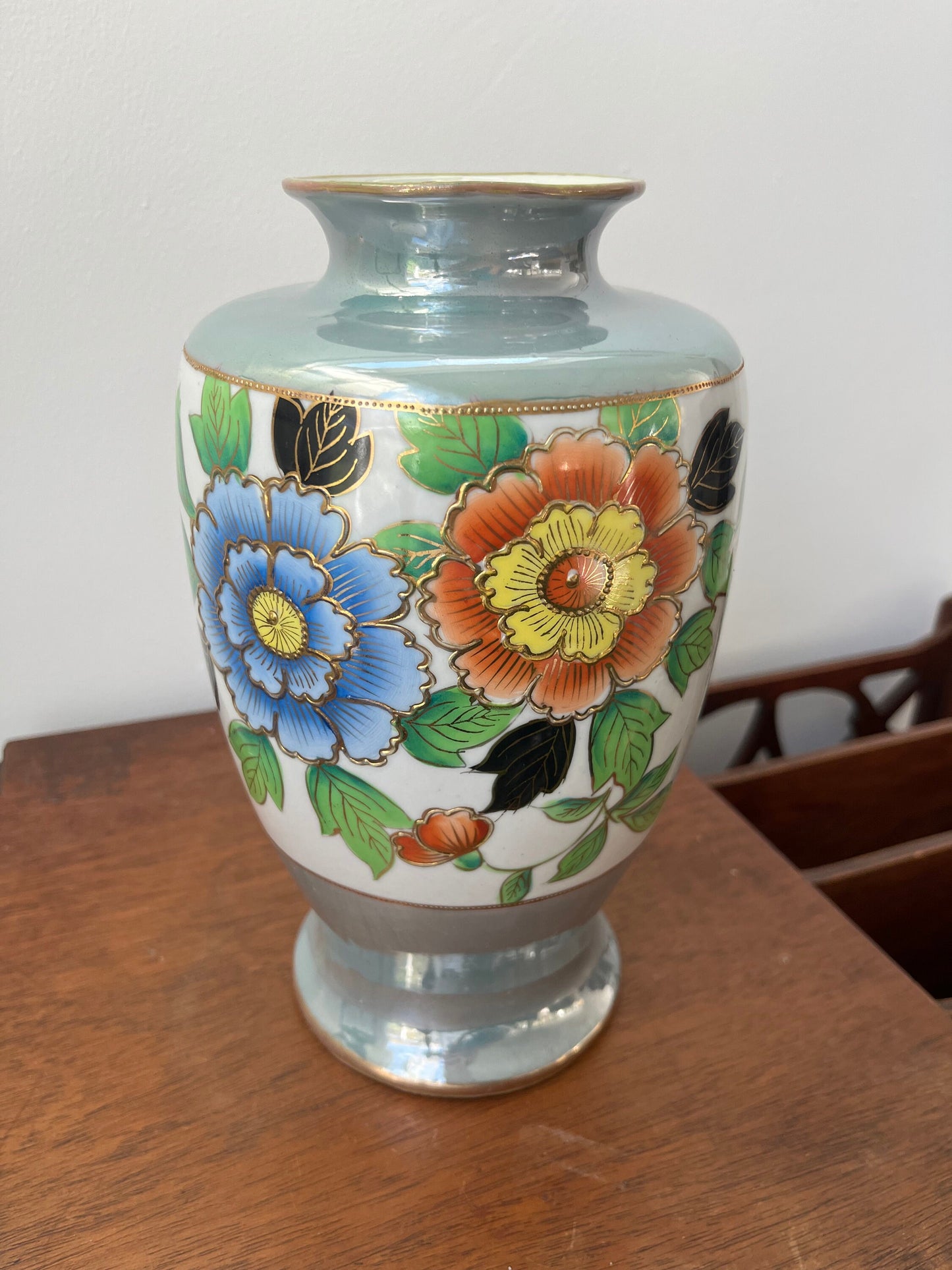 Vintage luster ware handpainted floral vase, Made in Japan