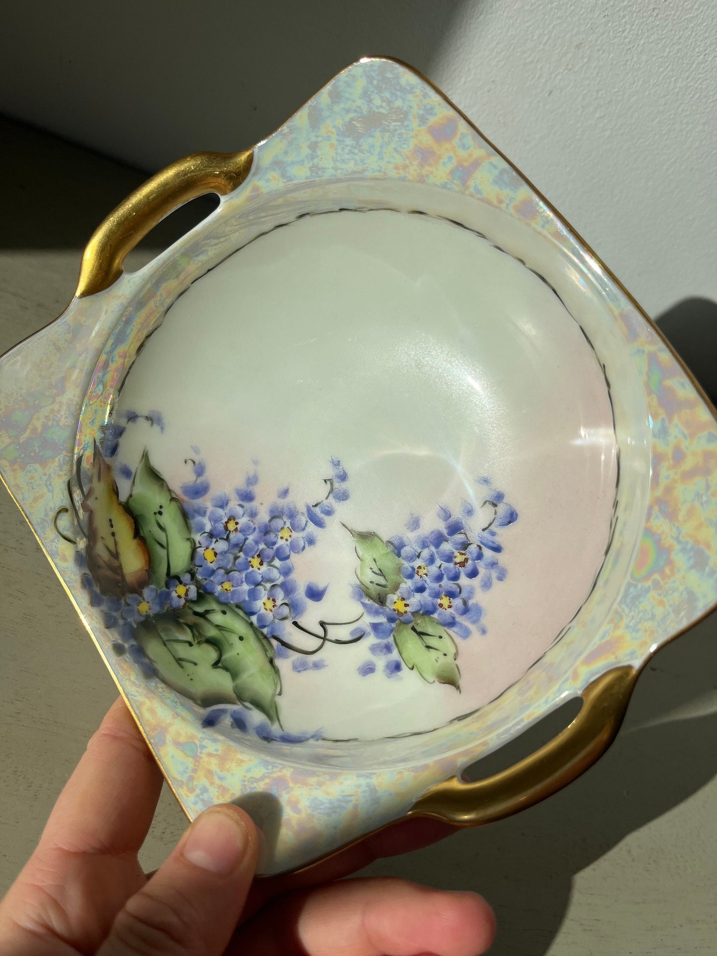 Antique porcelain hand painted dish with gold painted handles