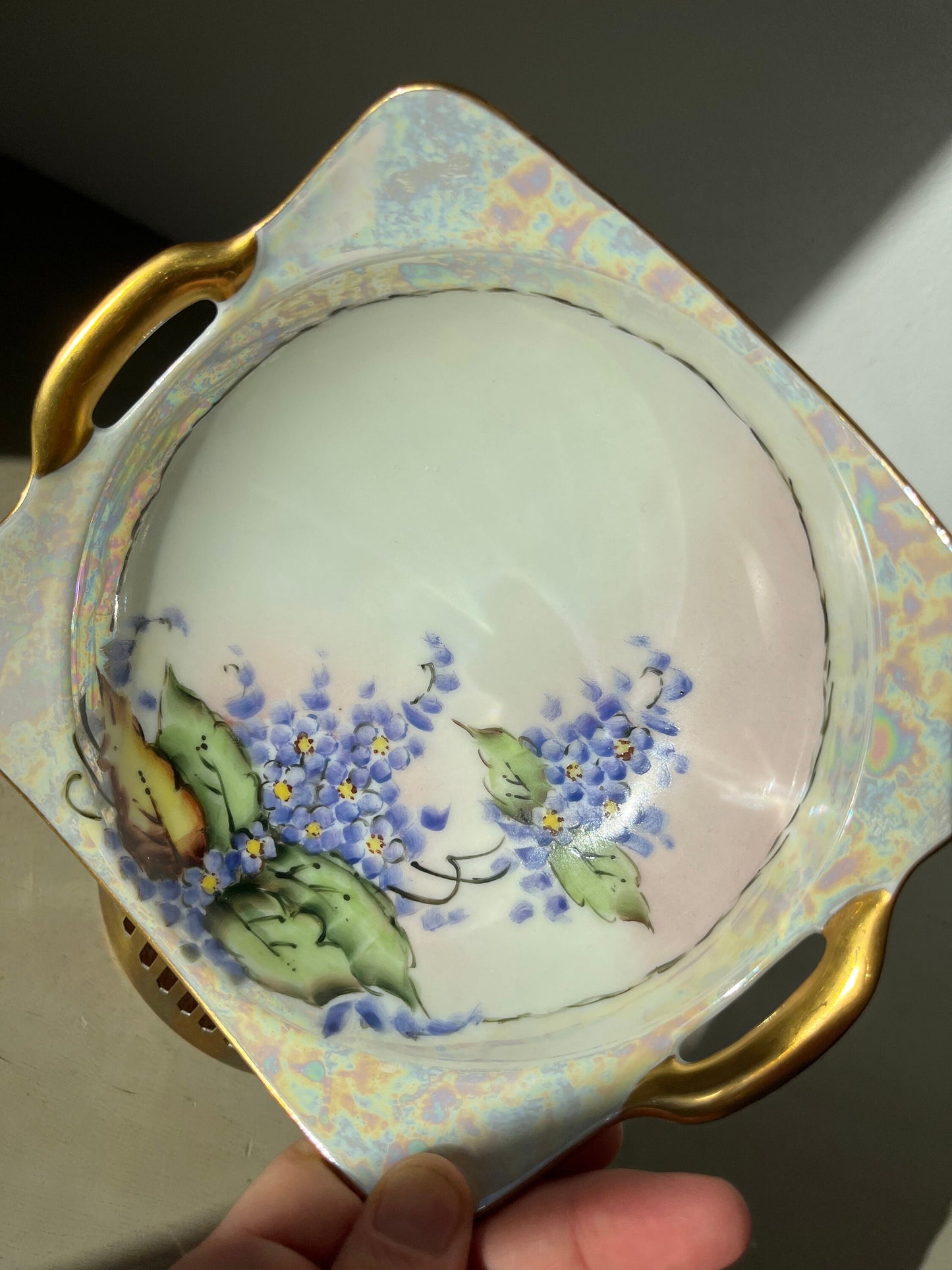Antique porcelain hand painted dish with gold painted handles
