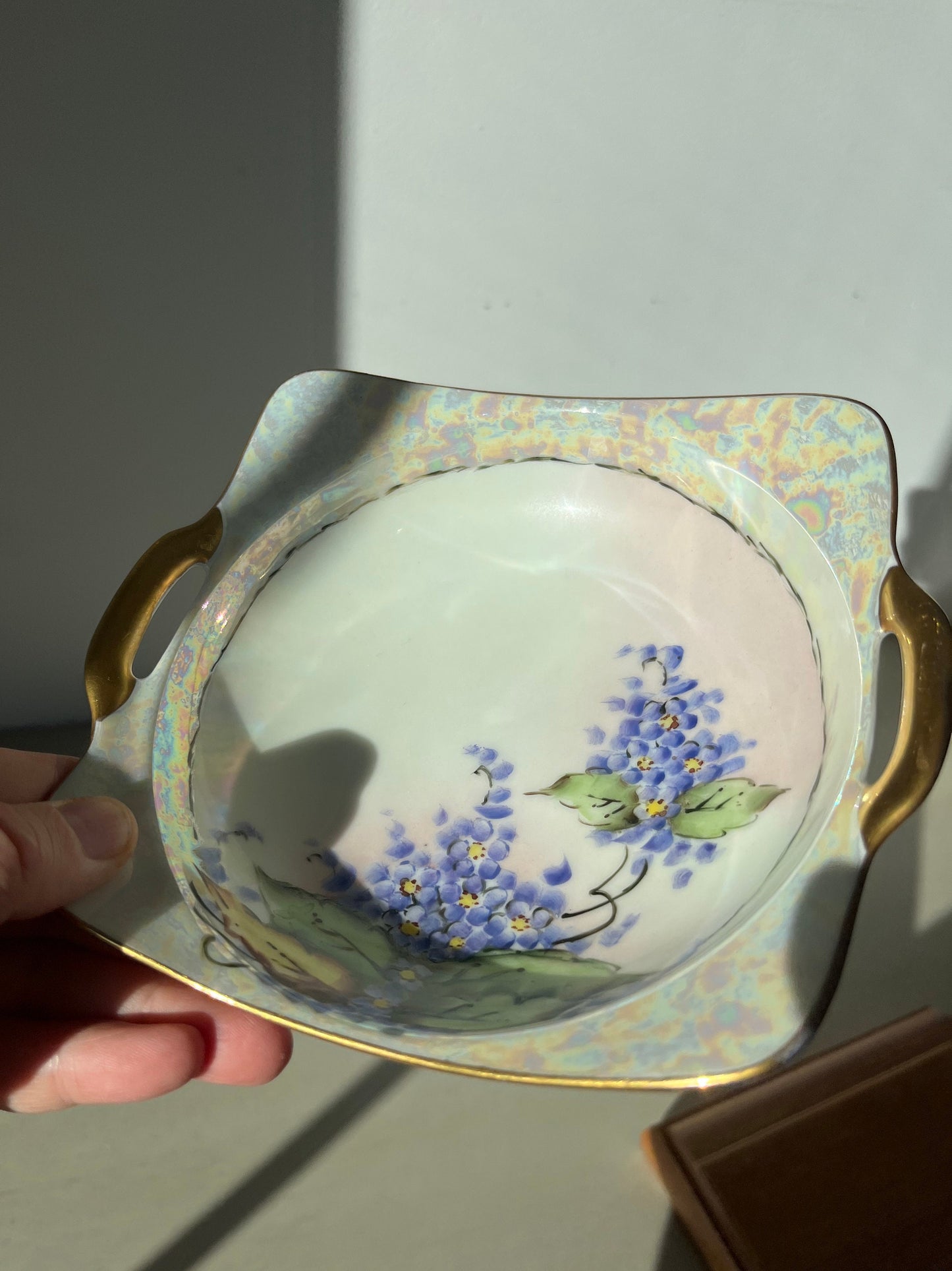 Antique porcelain hand painted dish with gold painted handles