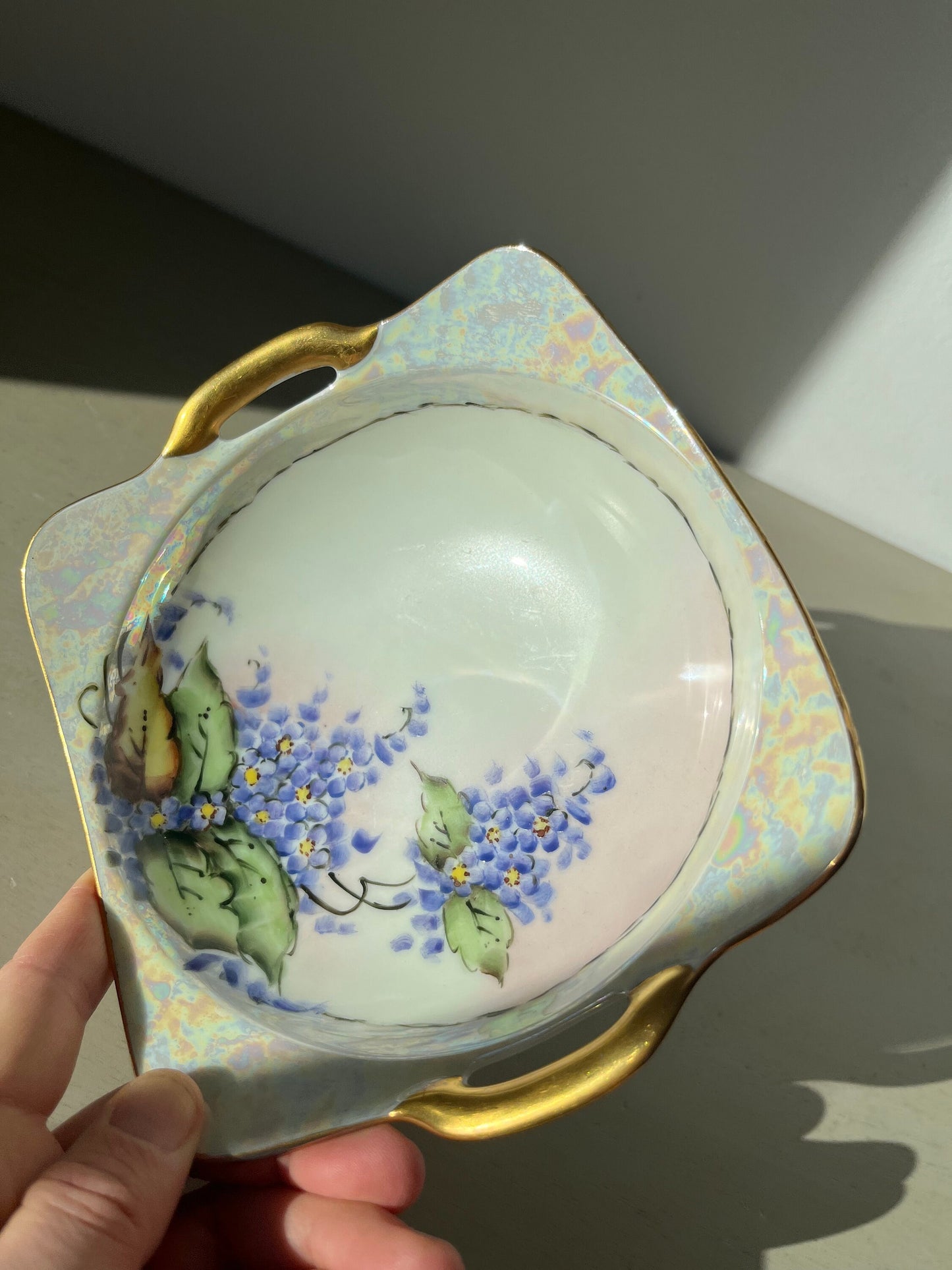 Antique porcelain hand painted dish with gold painted handles