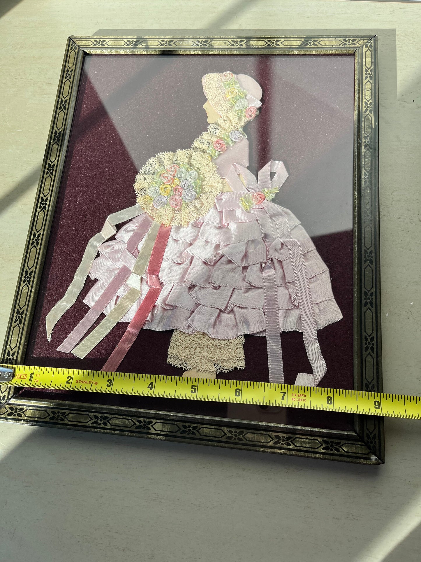 1930s framed wall hanging - paper, lace and ribbons