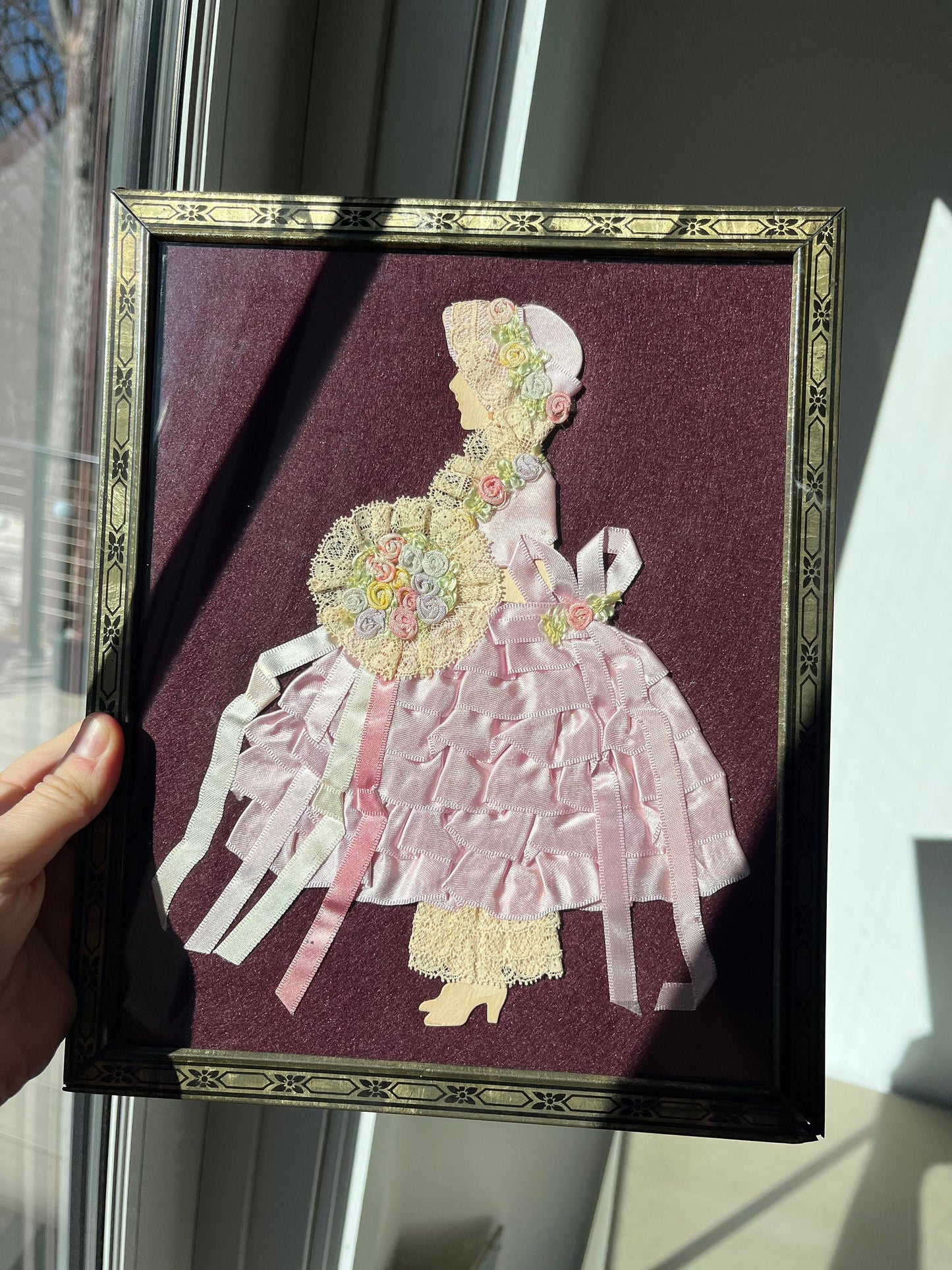 1930s framed wall hanging - paper, lace and ribbons