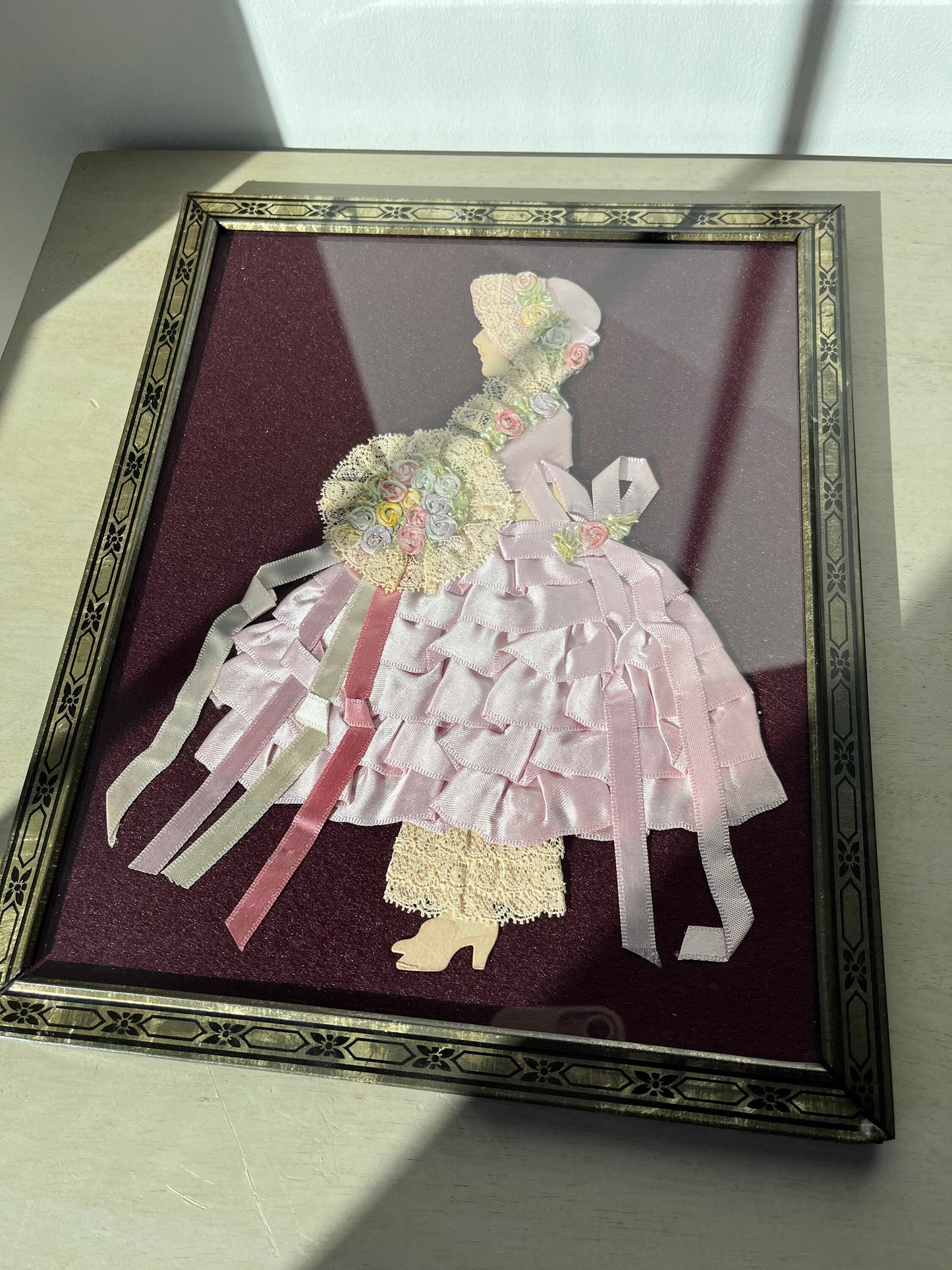 1930s framed wall hanging - paper, lace and ribbons