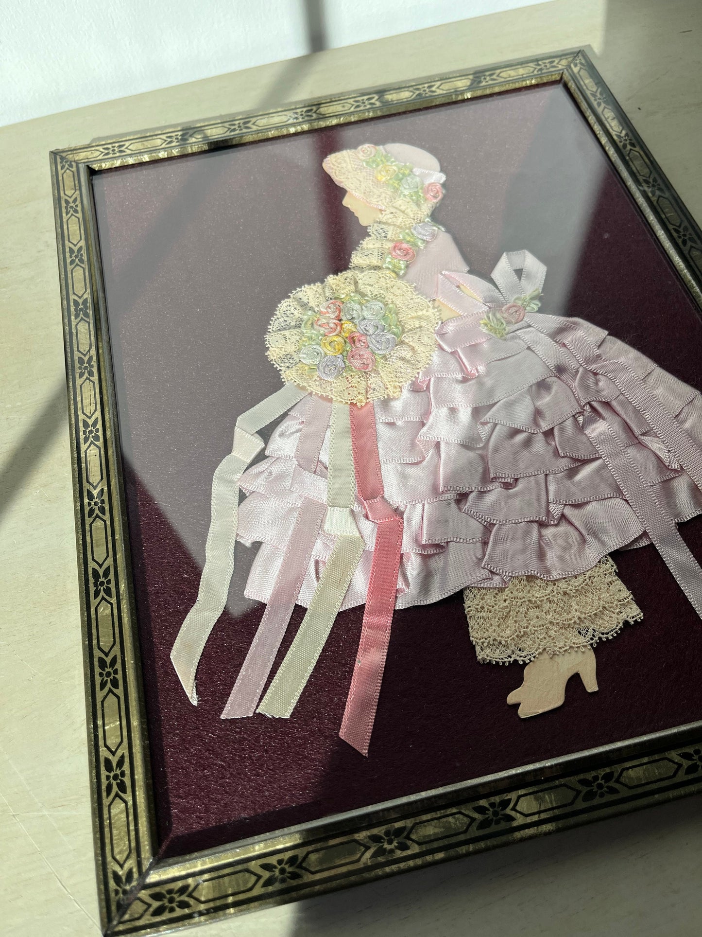 1930s framed wall hanging - paper, lace and ribbons
