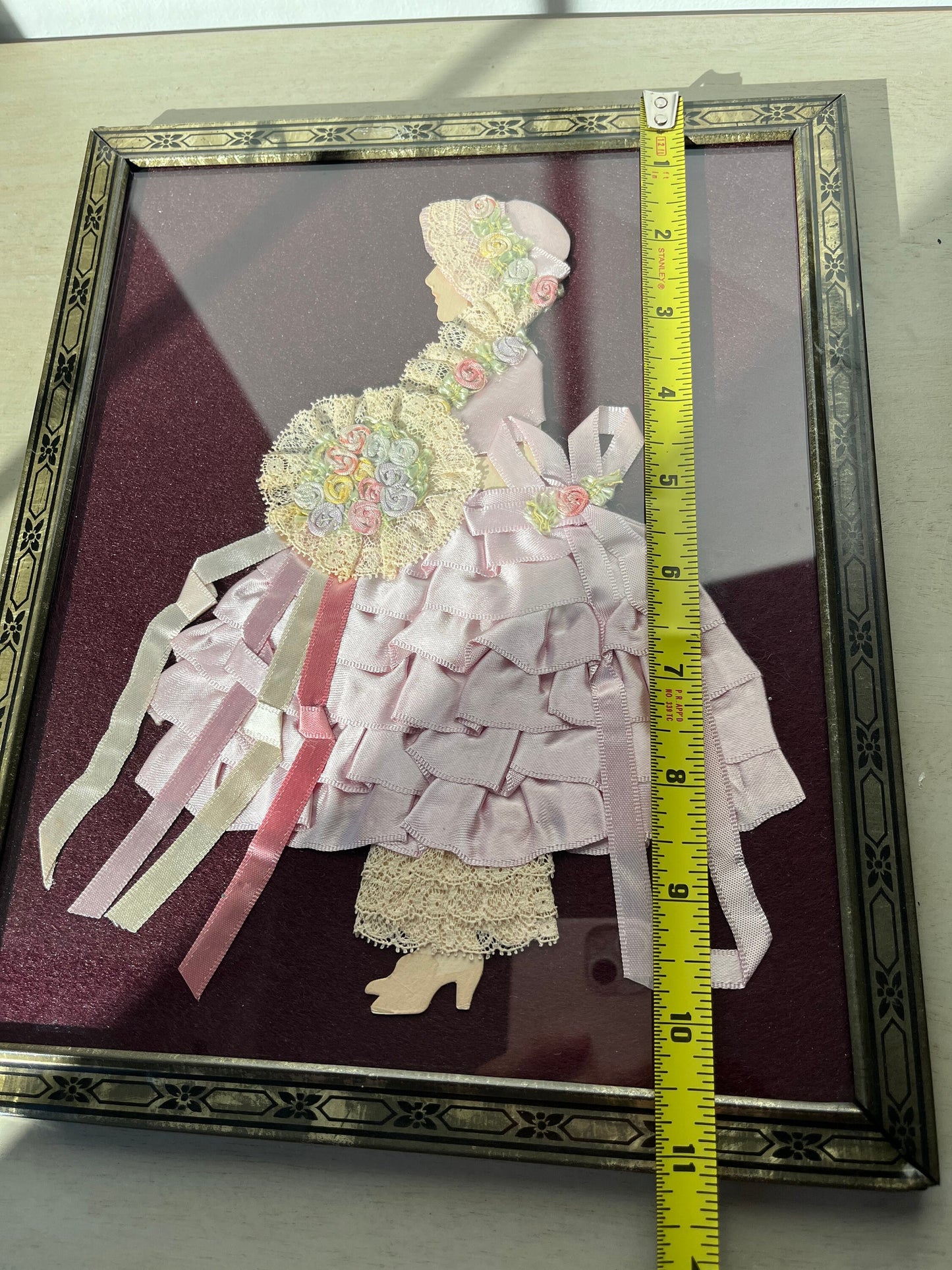 1930s framed wall hanging - paper, lace and ribbons