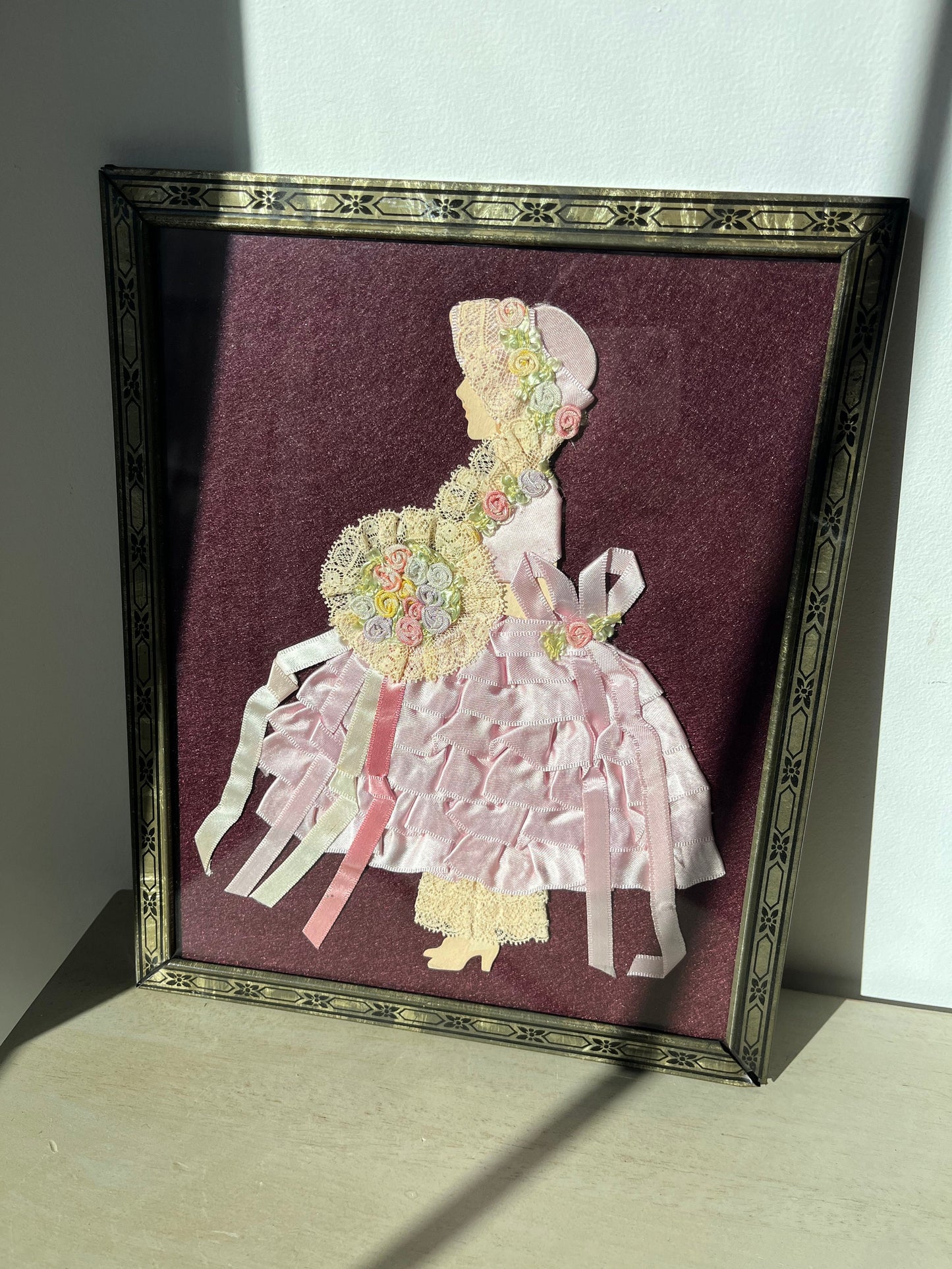 1930s framed wall hanging - paper, lace and ribbons