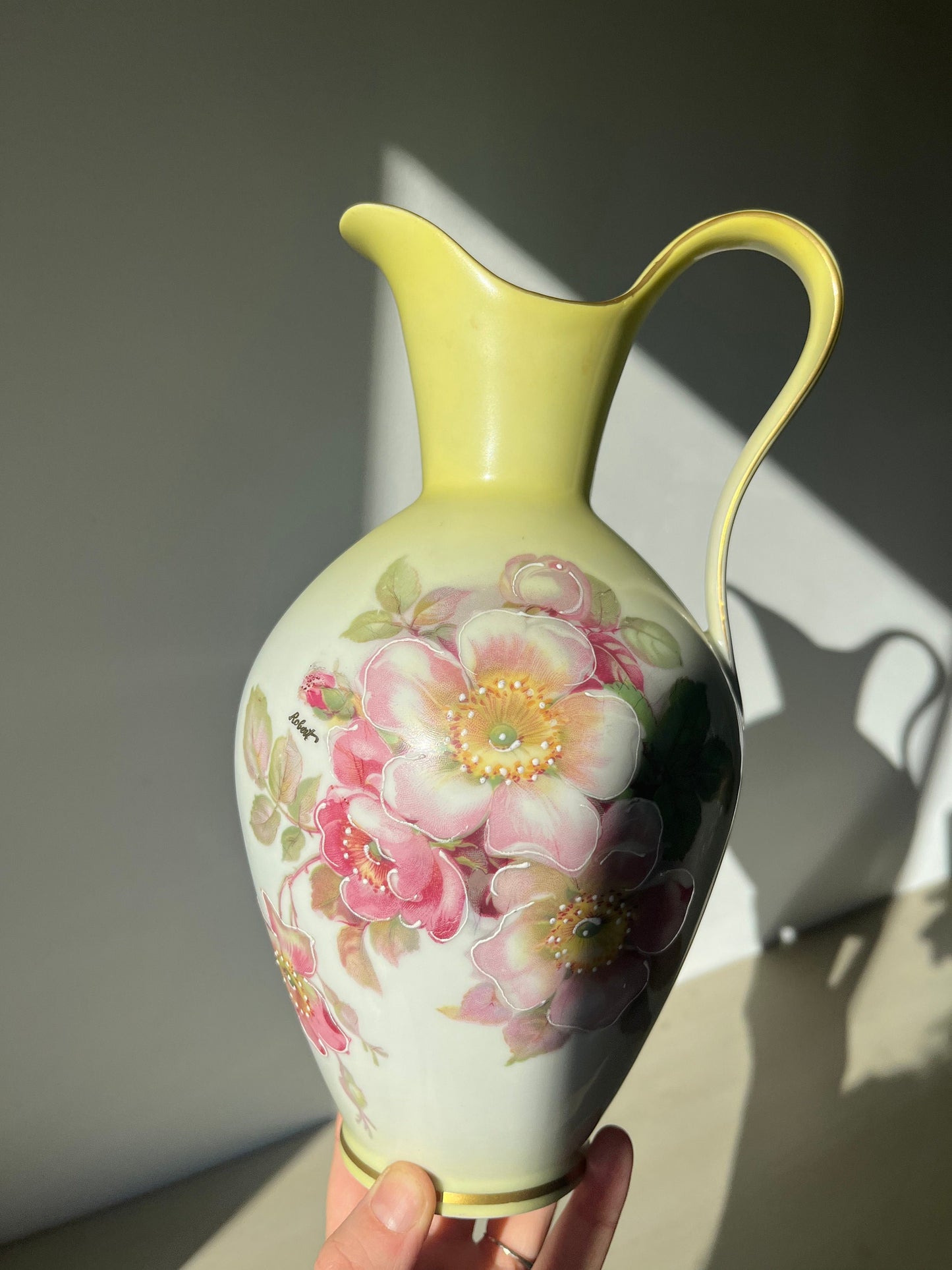 Vintage soft yellow cloissone rose vase / ewer