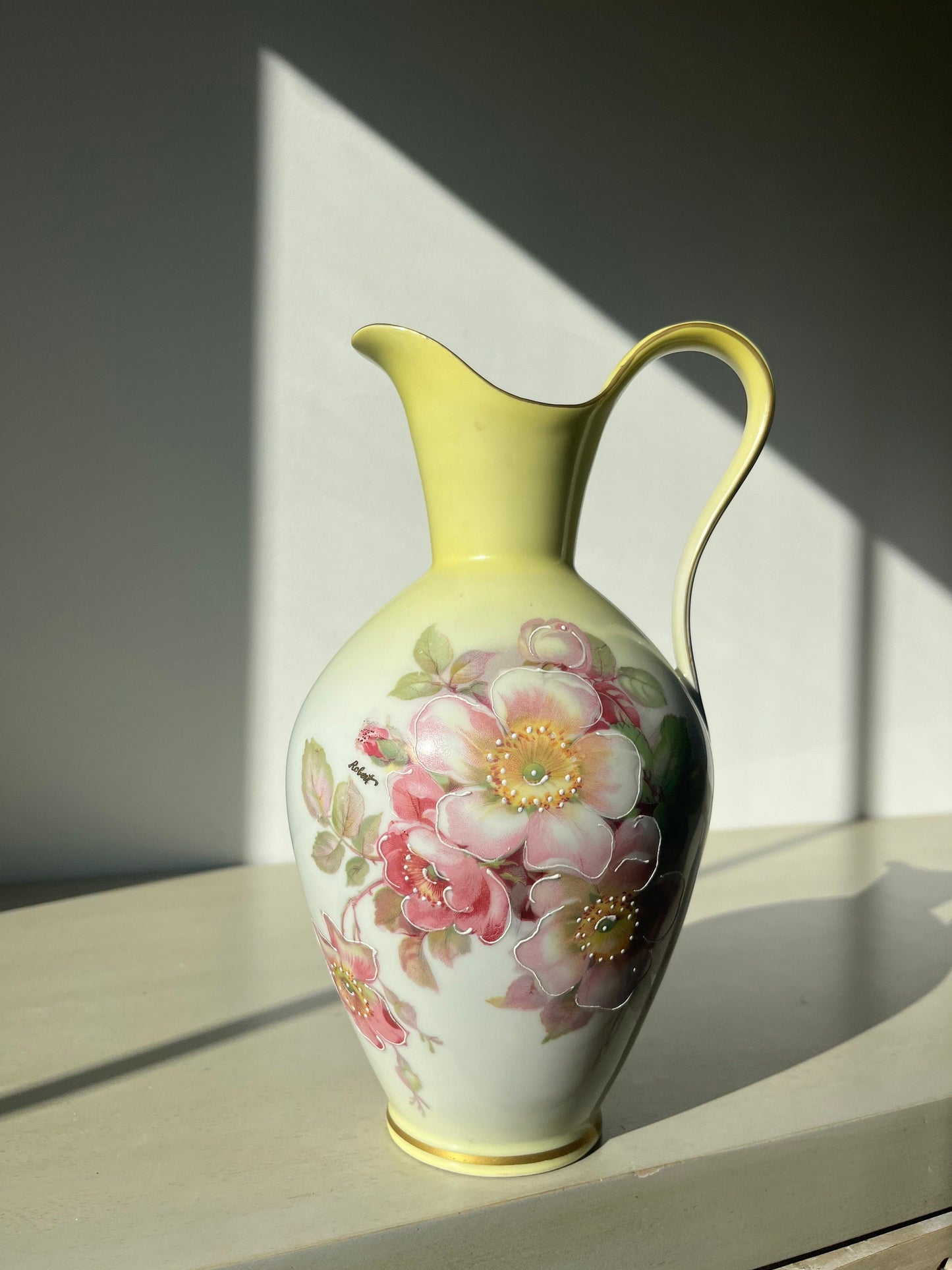 Vintage soft yellow cloissone rose vase / ewer