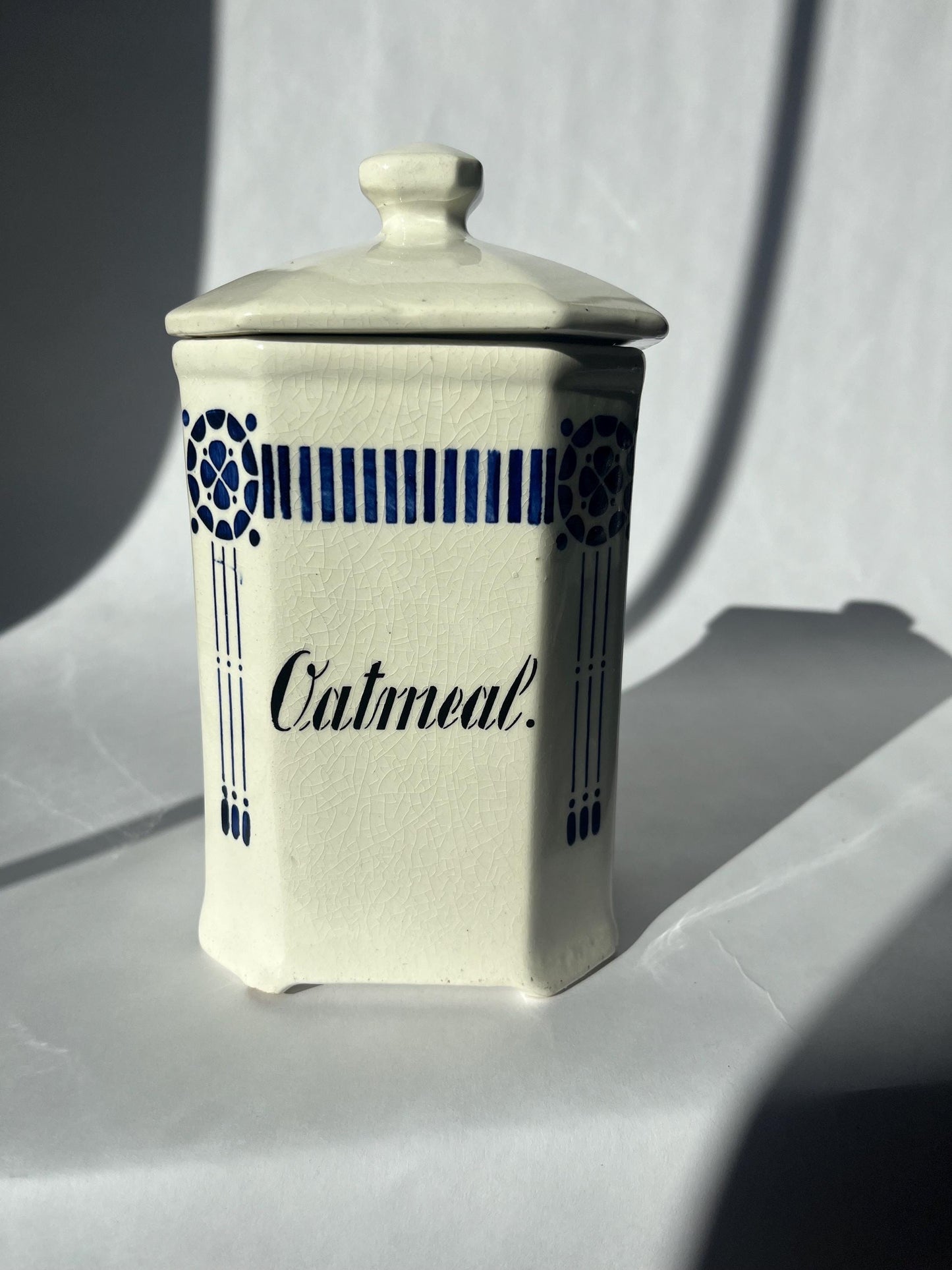 Vintage Blue and White Block German Oatmeal Canister