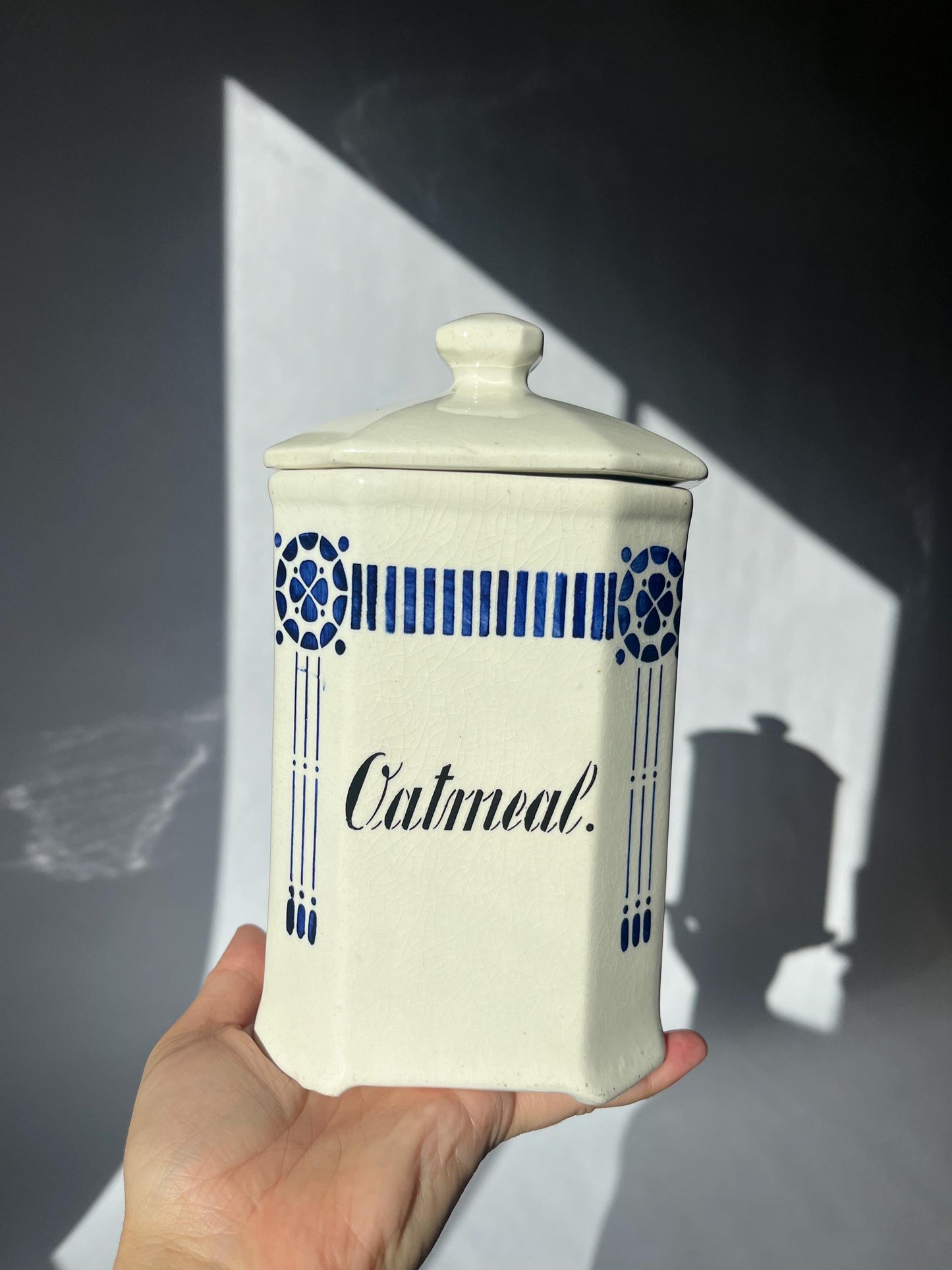 Vintage Blue and White Block German Oatmeal Canister