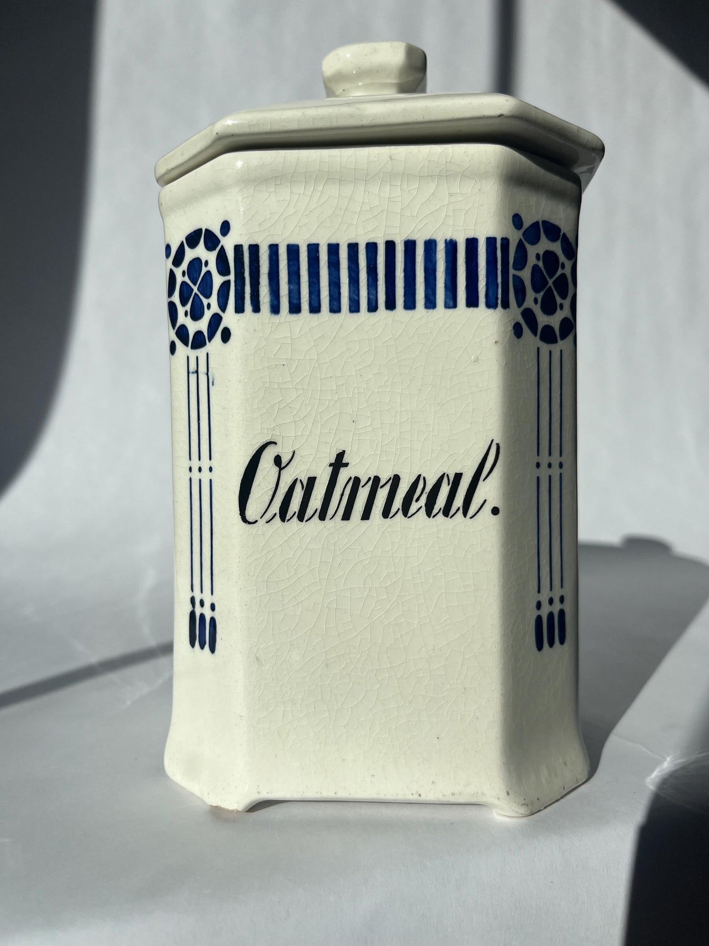 Vintage Blue and White Block German Oatmeal Canister