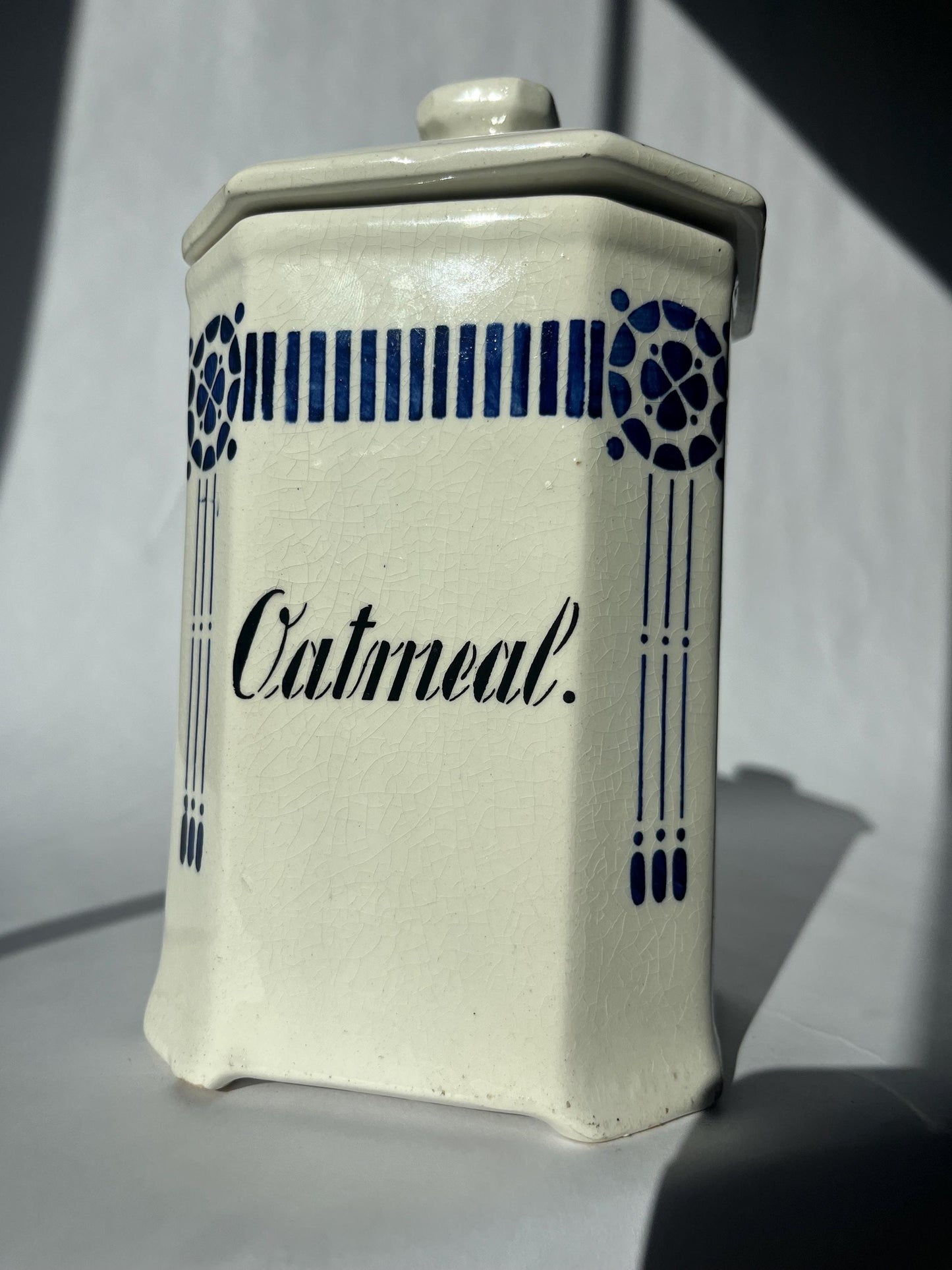 Vintage Blue and White Block German Oatmeal Canister