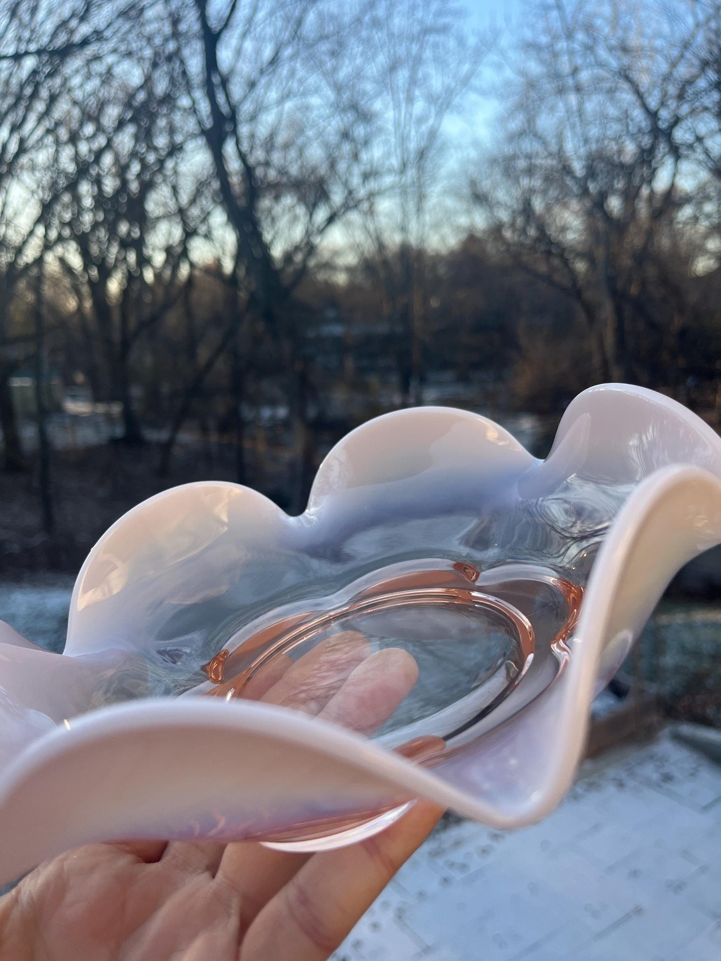 Vintage 1960s Vintage Duncan & Miller Glass Canterbury Pink Ruffled Milky Edge Candy Bowl