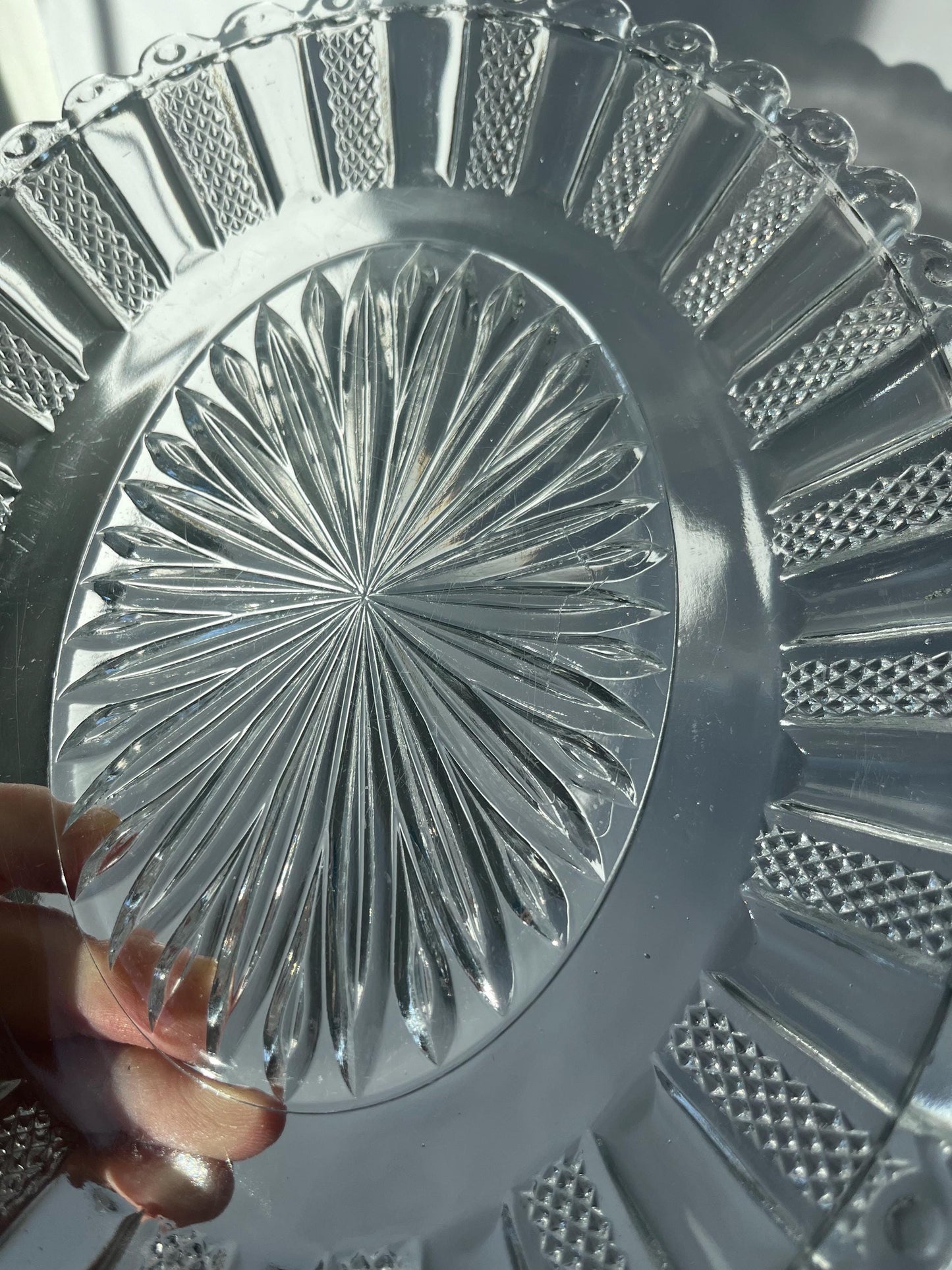 Vintage Pair of Oval Clear Glass PANELLED DIAMOND POINT trays