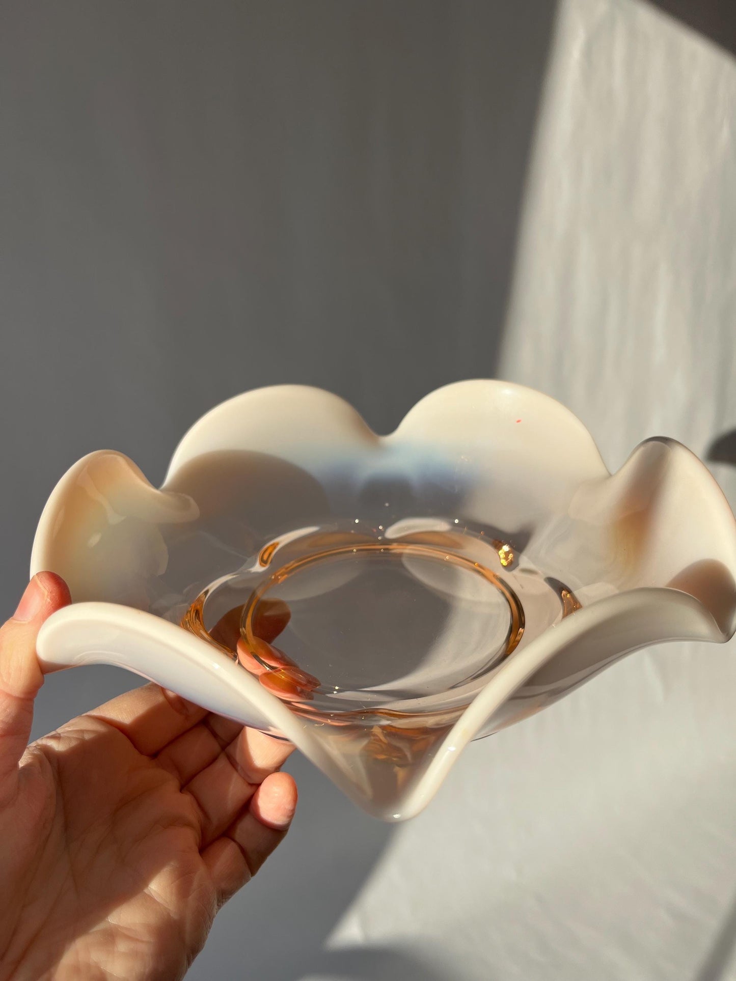 Vintage 1960s Vintage Duncan & Miller Glass Canterbury Pink Ruffled Milky Edge Candy Bowl
