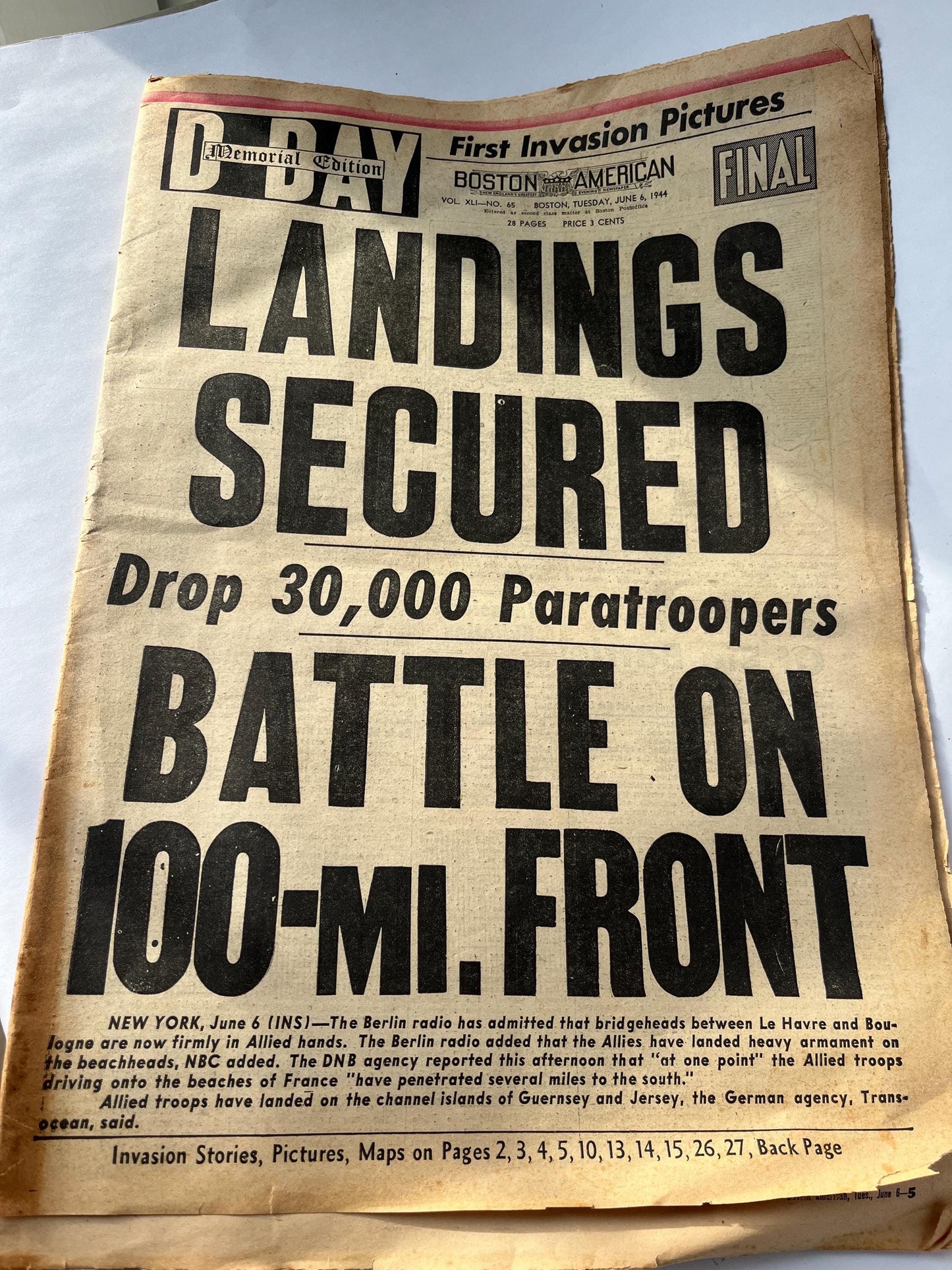Vintage June 6 1944 D-Day Edition Newspaper