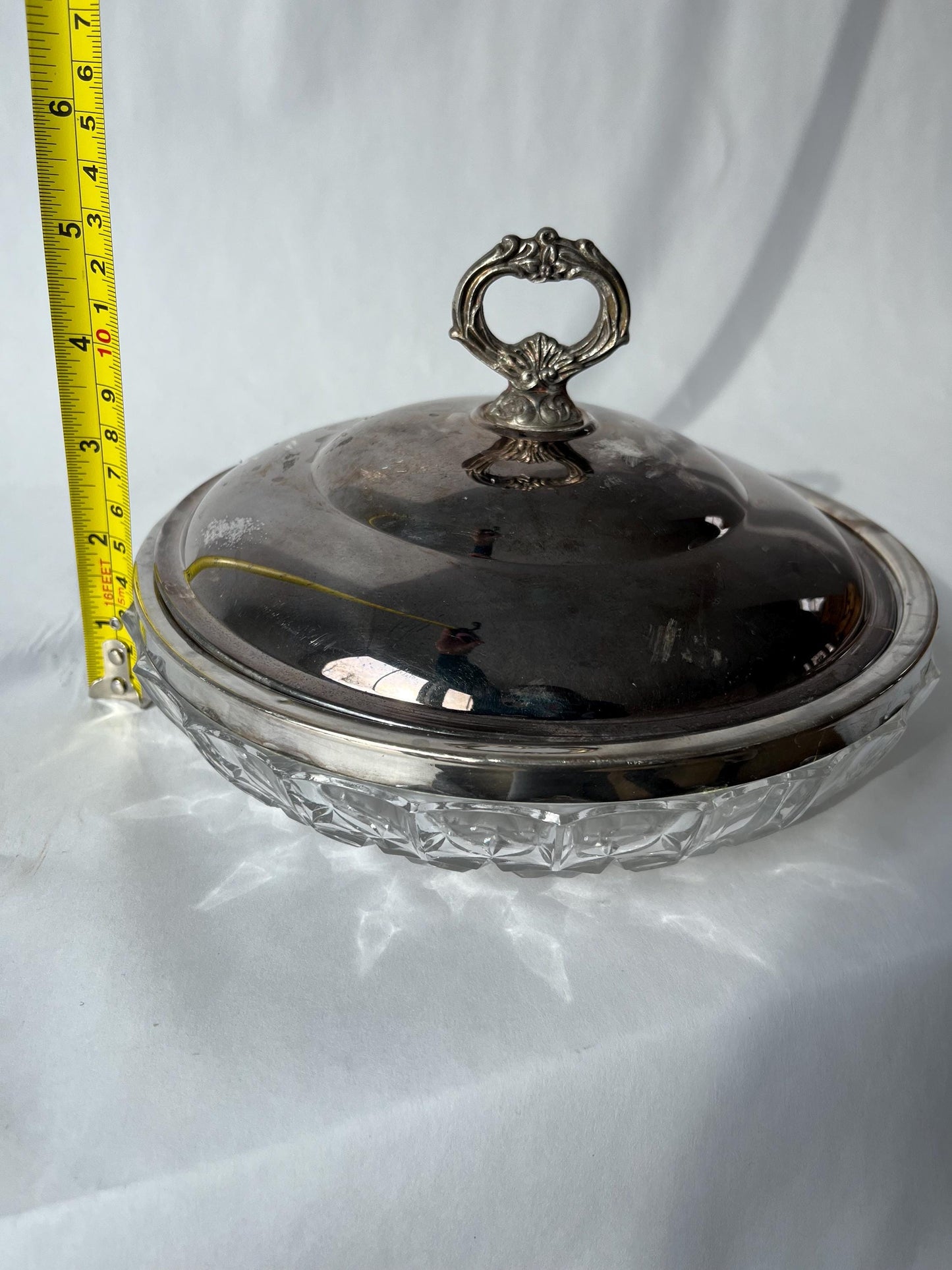Vintage Clear Cut 3 Section Crystal Bowl with Silver Plate Rim and Lid