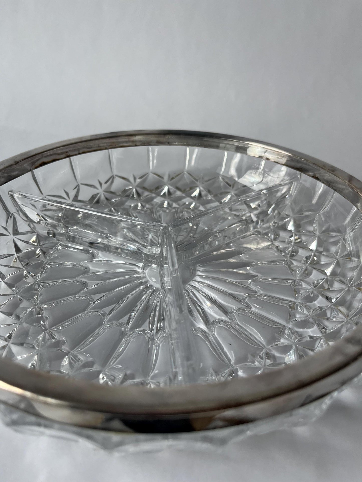 Vintage Clear Cut 3 Section Crystal Bowl with Silver Plate Rim and Lid