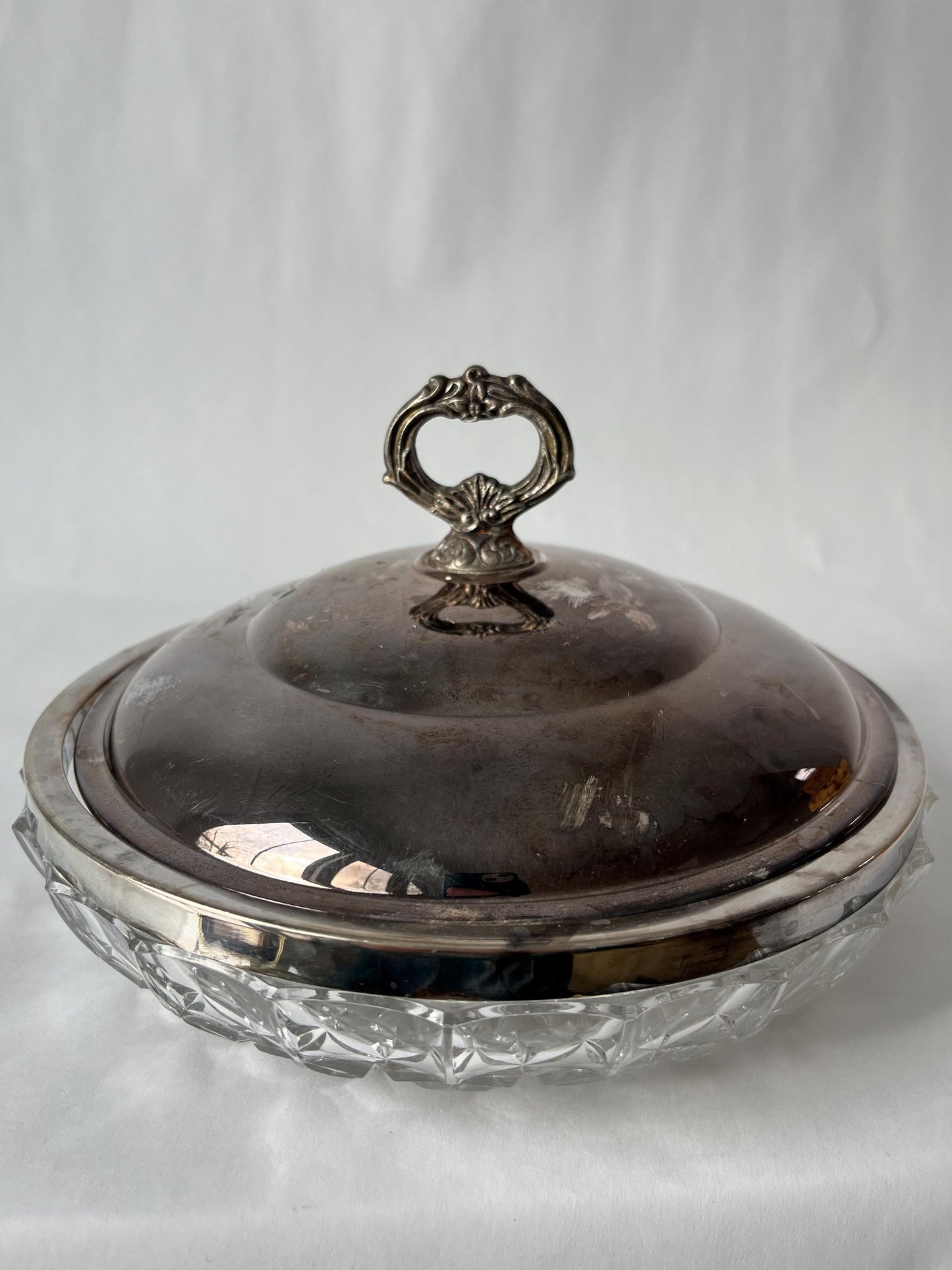 Vintage Clear Cut 3 Section Crystal Bowl with Silver Plate Rim and Lid