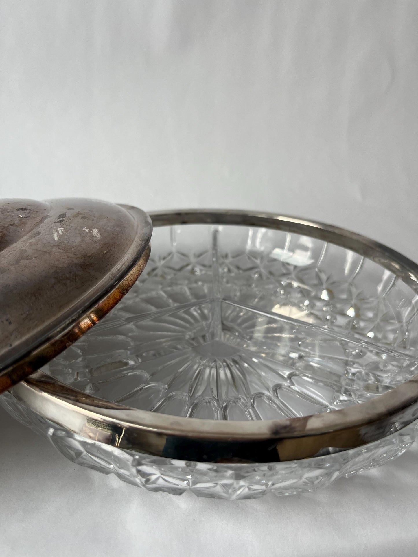 Vintage Clear Cut 3 Section Crystal Bowl with Silver Plate Rim and Lid