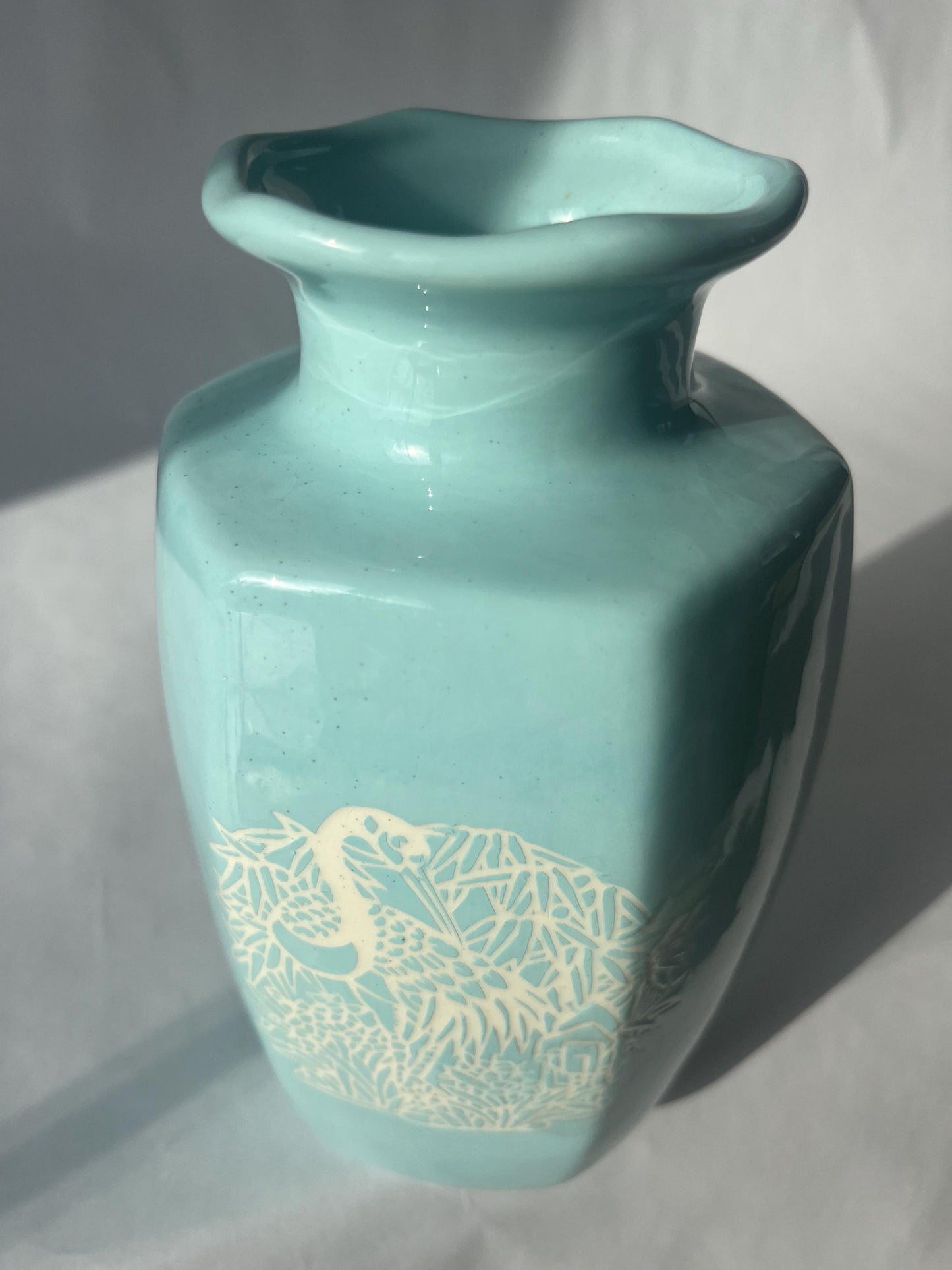 Lovely Mini Vintage Light Blue Vase Bird and Foliage