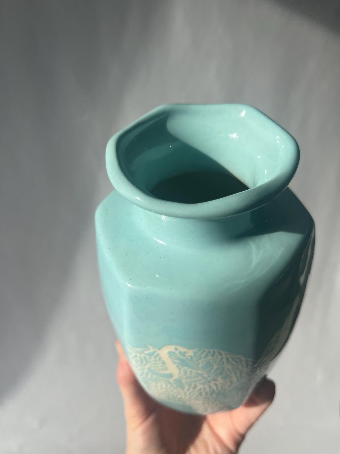Lovely Mini Vintage Light Blue Vase Bird and Foliage