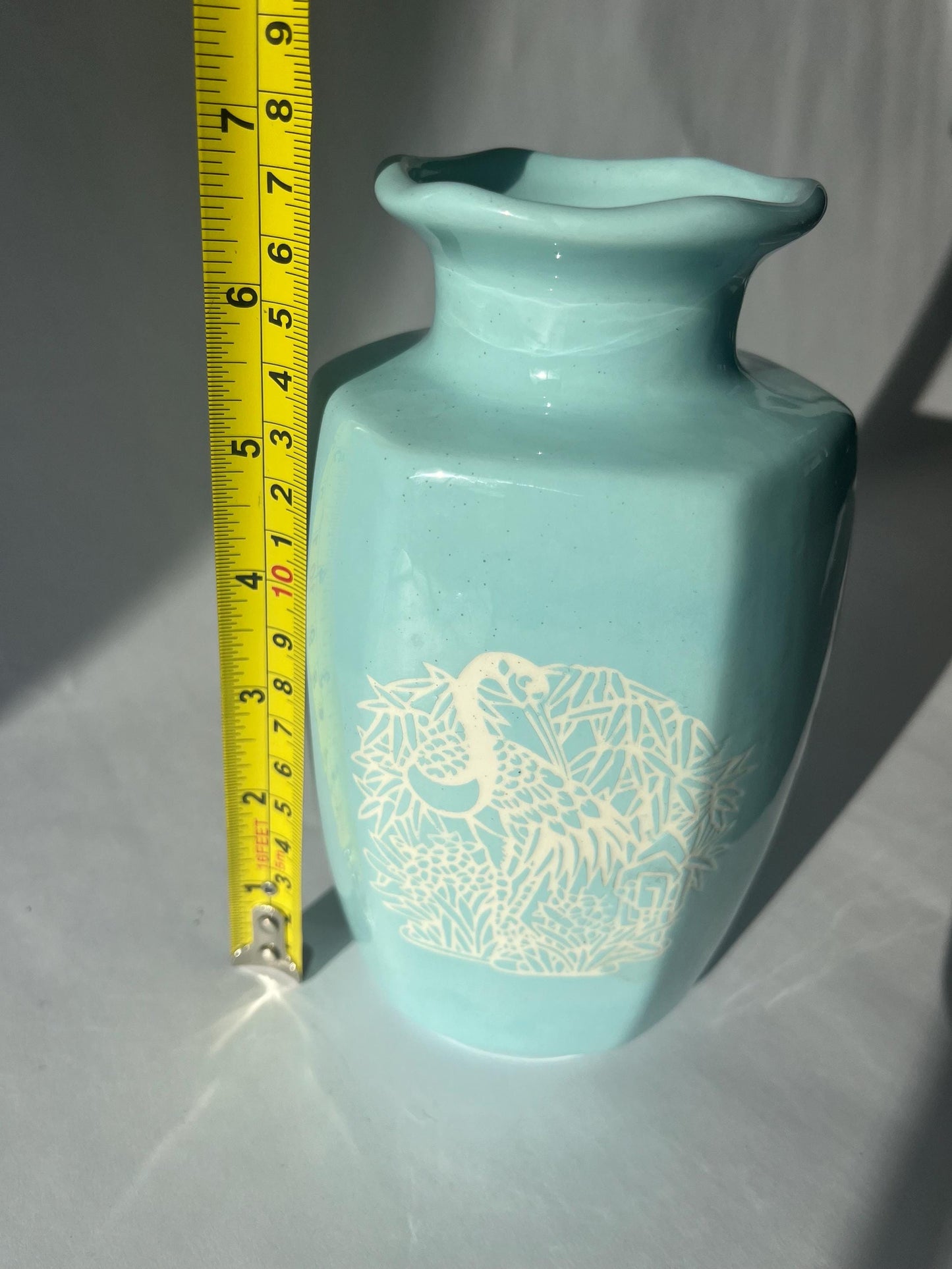 Lovely Mini Vintage Light Blue Vase Bird and Foliage