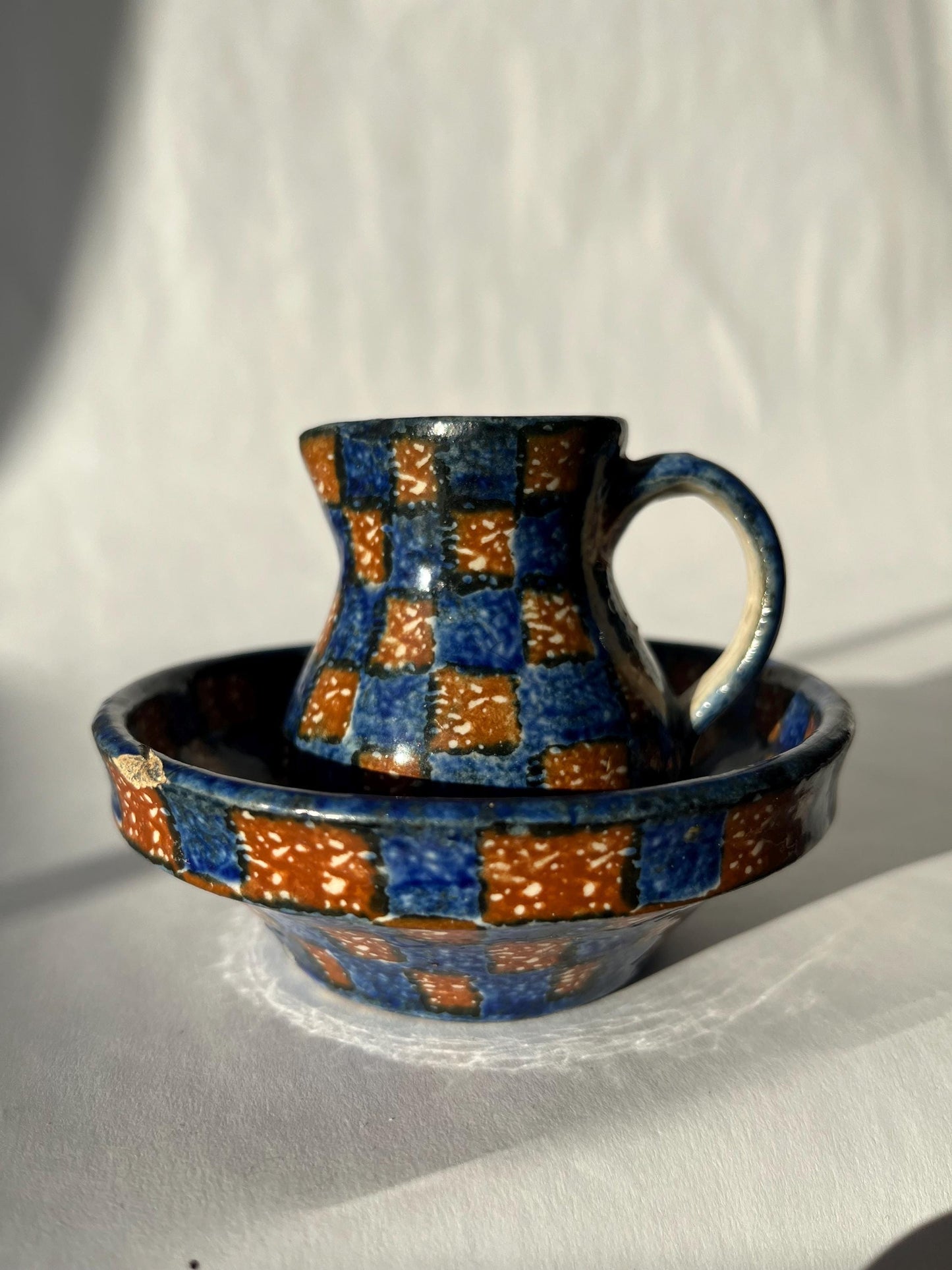 Set of Checkered Vintage Creamer and Bowl by Erphila Germany