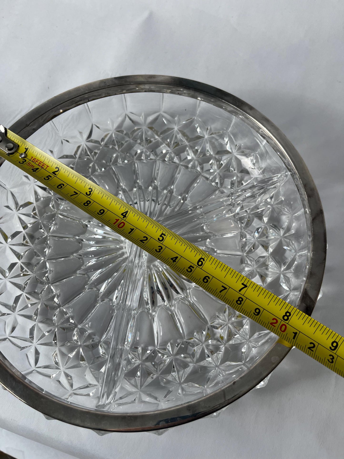 Vintage Clear Cut 3 Section Crystal Bowl with Silver Plate Rim and Lid