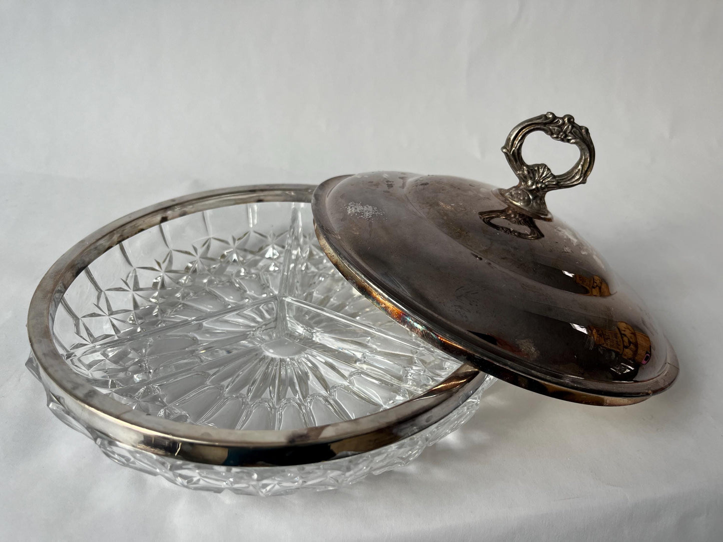 Vintage Clear Cut 3 Section Crystal Bowl with Silver Plate Rim and Lid