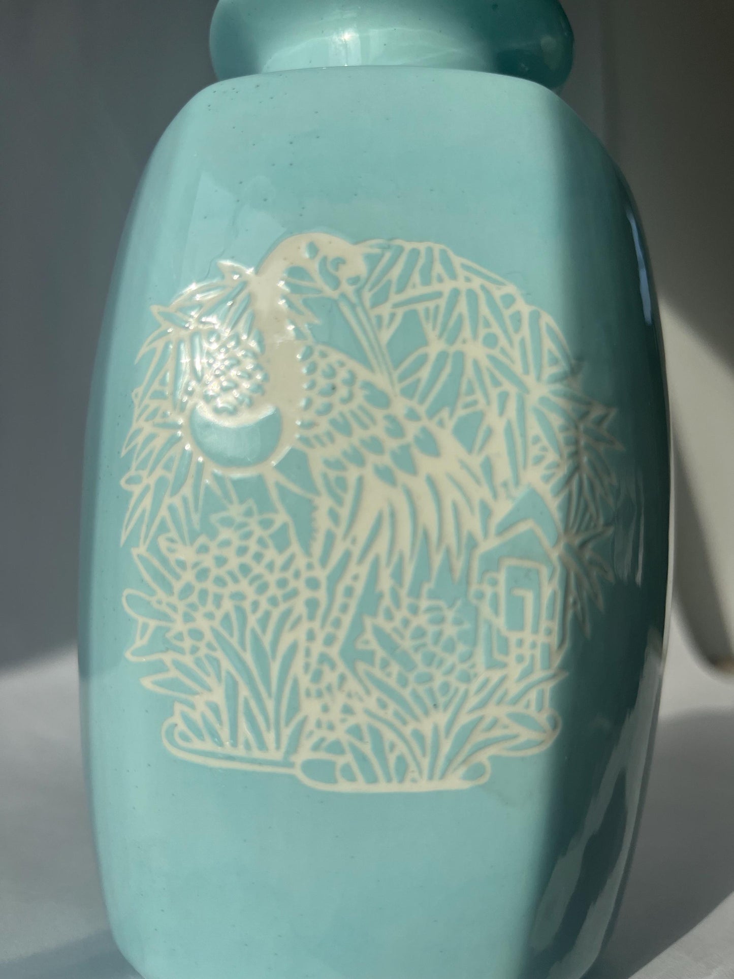 Lovely Mini Vintage Light Blue Vase Bird and Foliage