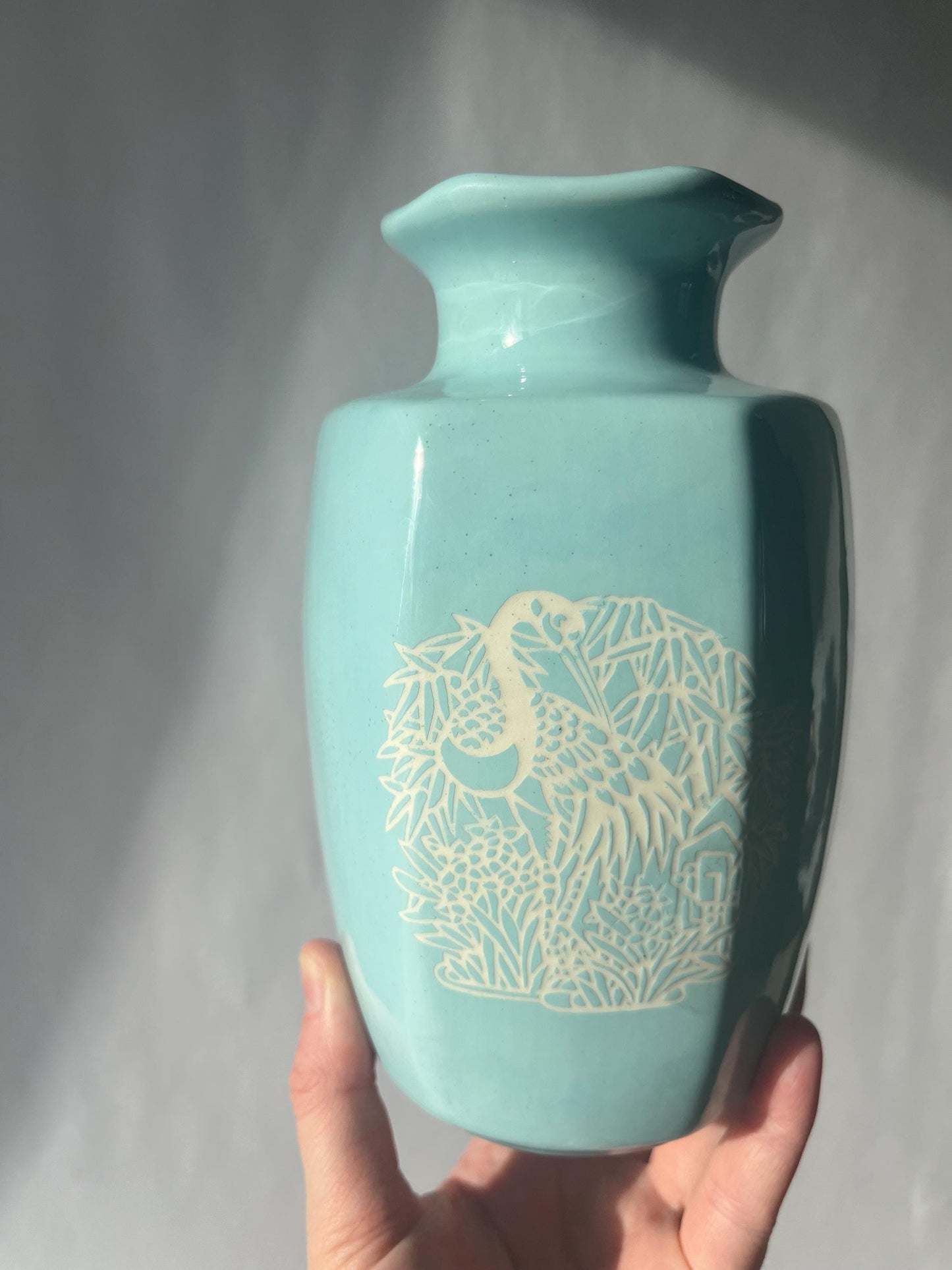 Lovely Mini Vintage Light Blue Vase Bird and Foliage