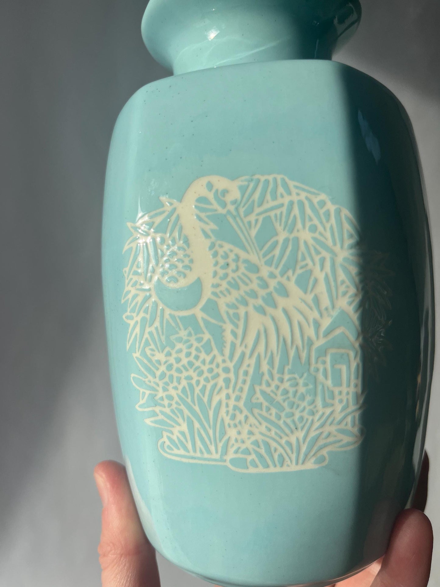 Lovely Mini Vintage Light Blue Vase Bird and Foliage