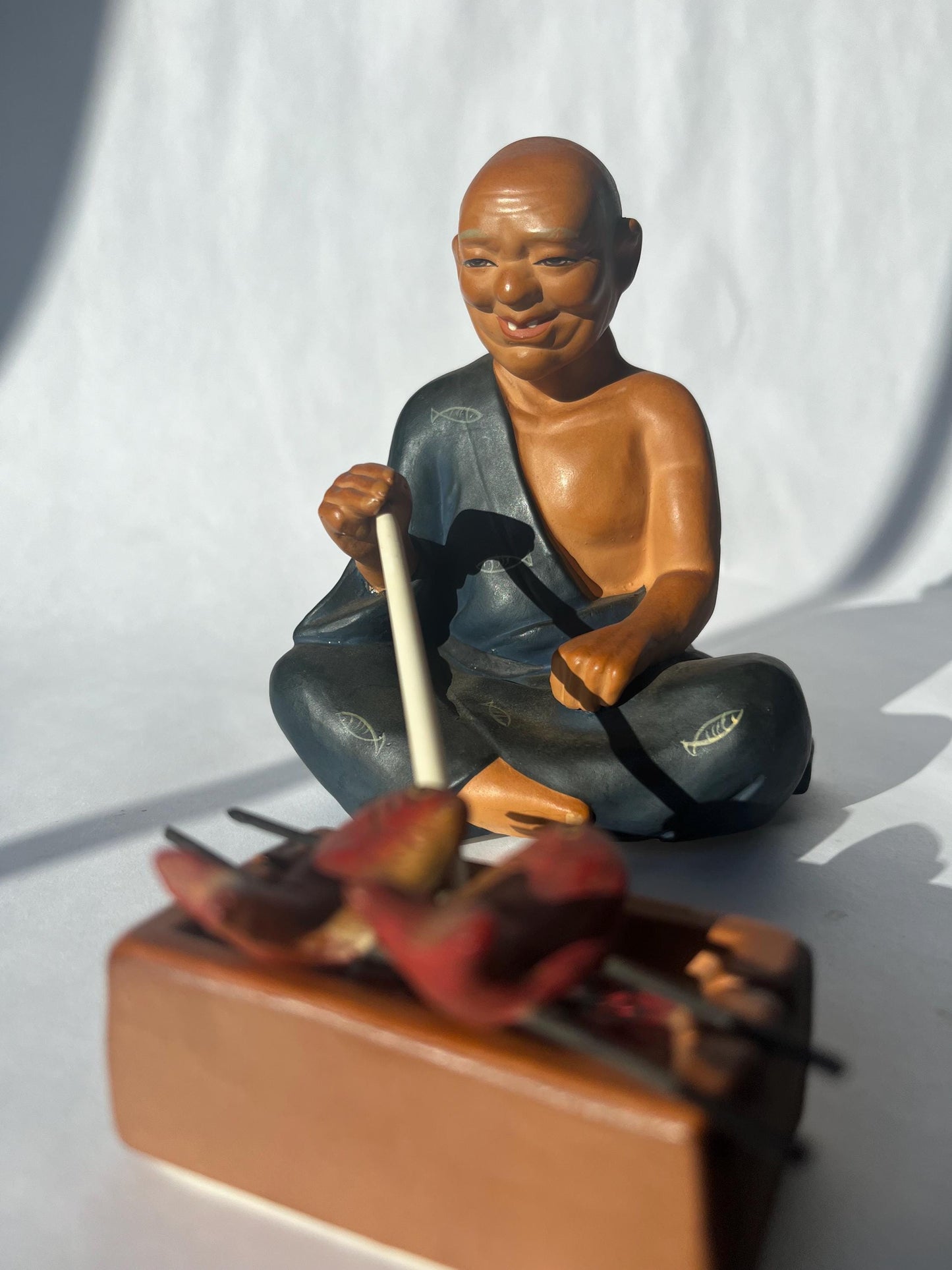 Vintage Japanese Clay Figurine Man Frying Fish