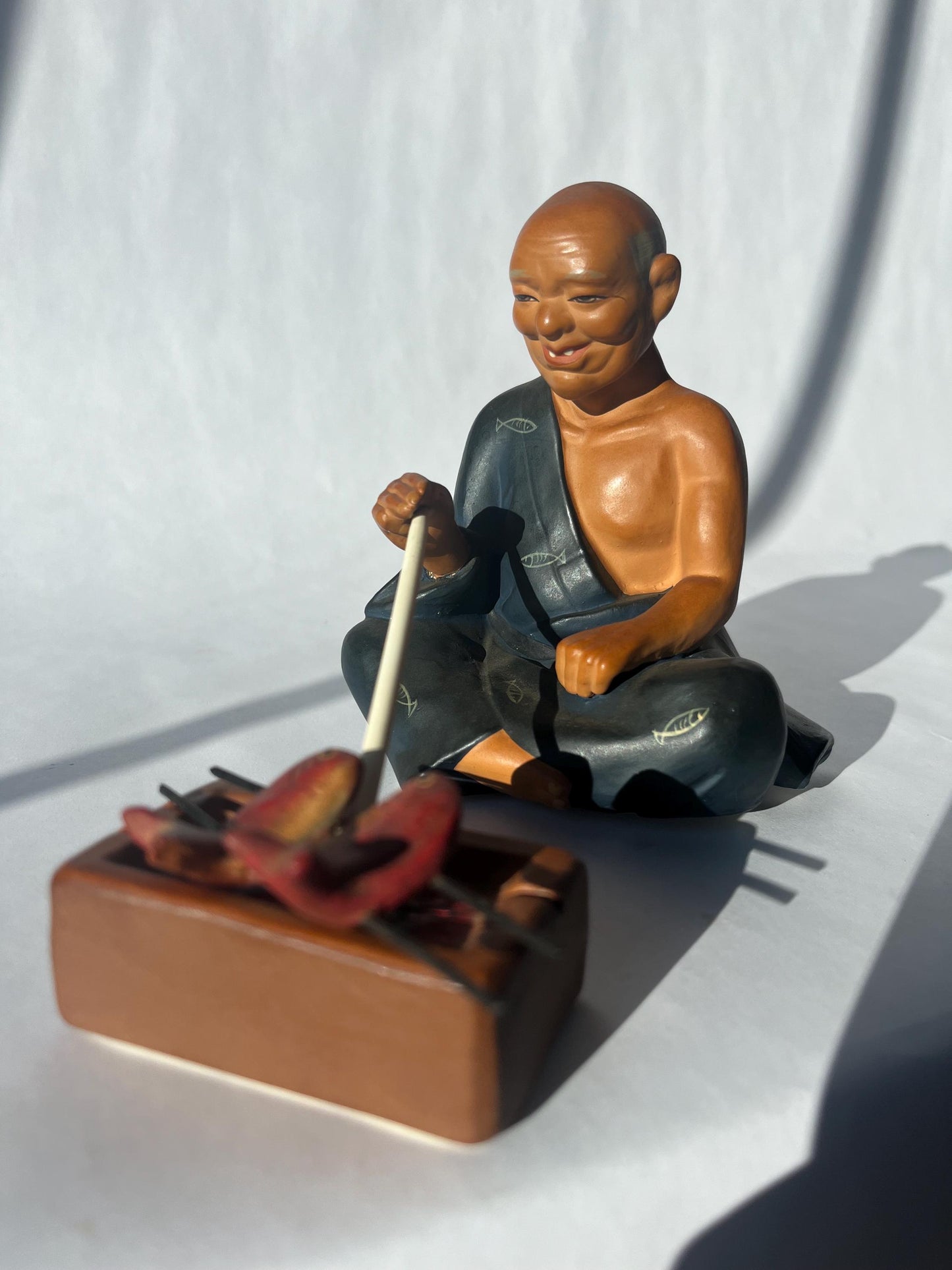 Vintage Japanese Clay Figurine Man Frying Fish