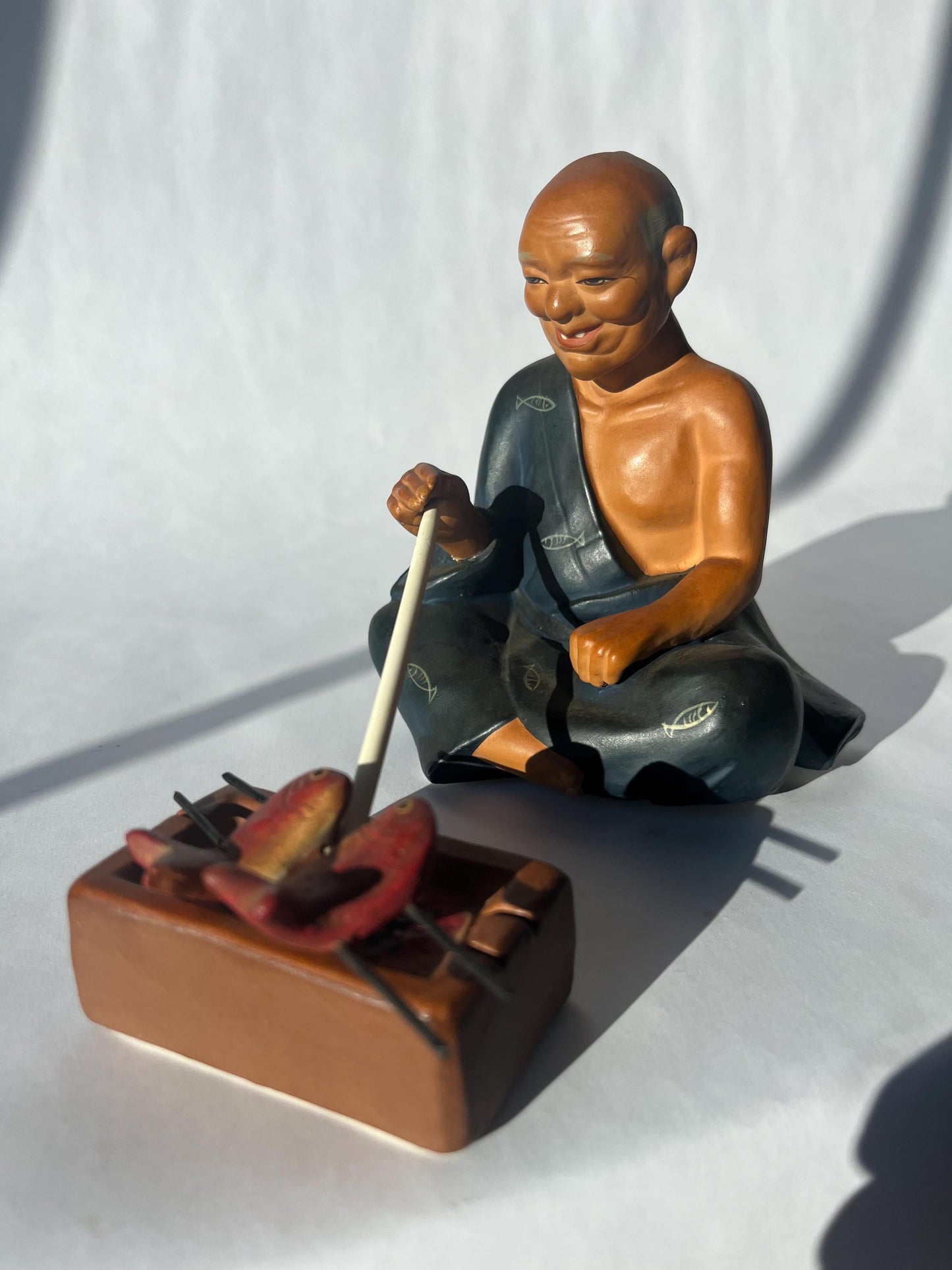Vintage Japanese Clay Figurine Man Frying Fish