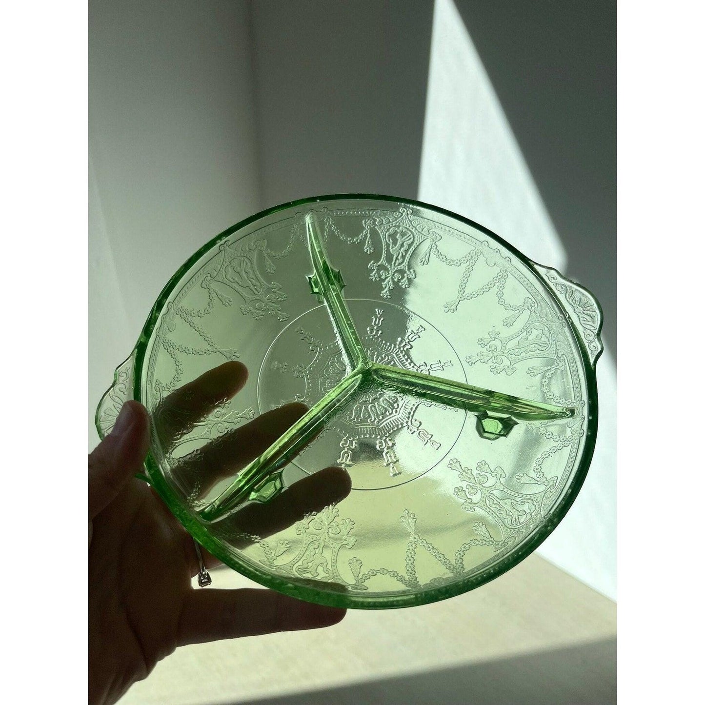 1930s Anchor Hocking vaseline (uranium) glass relish dish