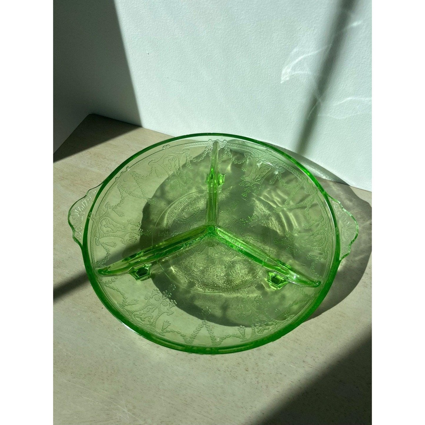 1930s Anchor Hocking vaseline (uranium) glass relish dish