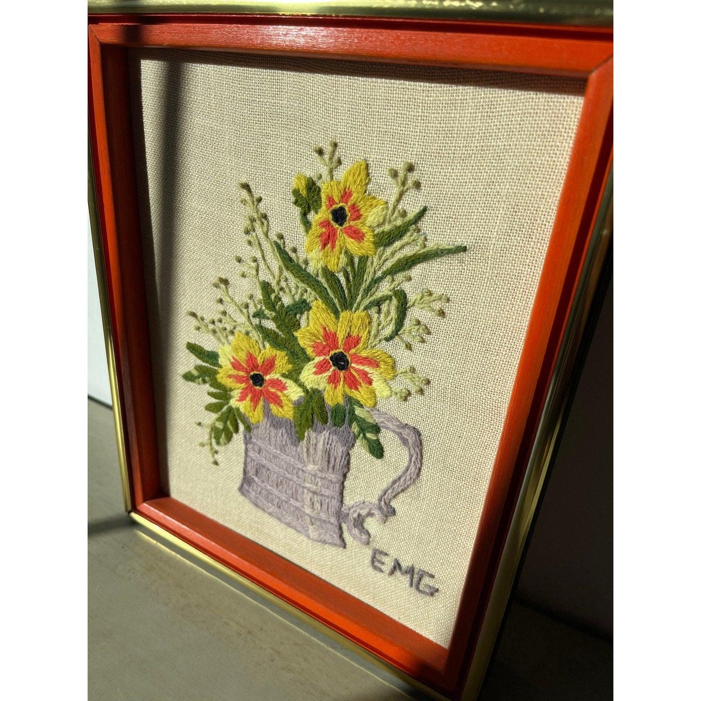Vintage floral needlepoint fiber art, framed