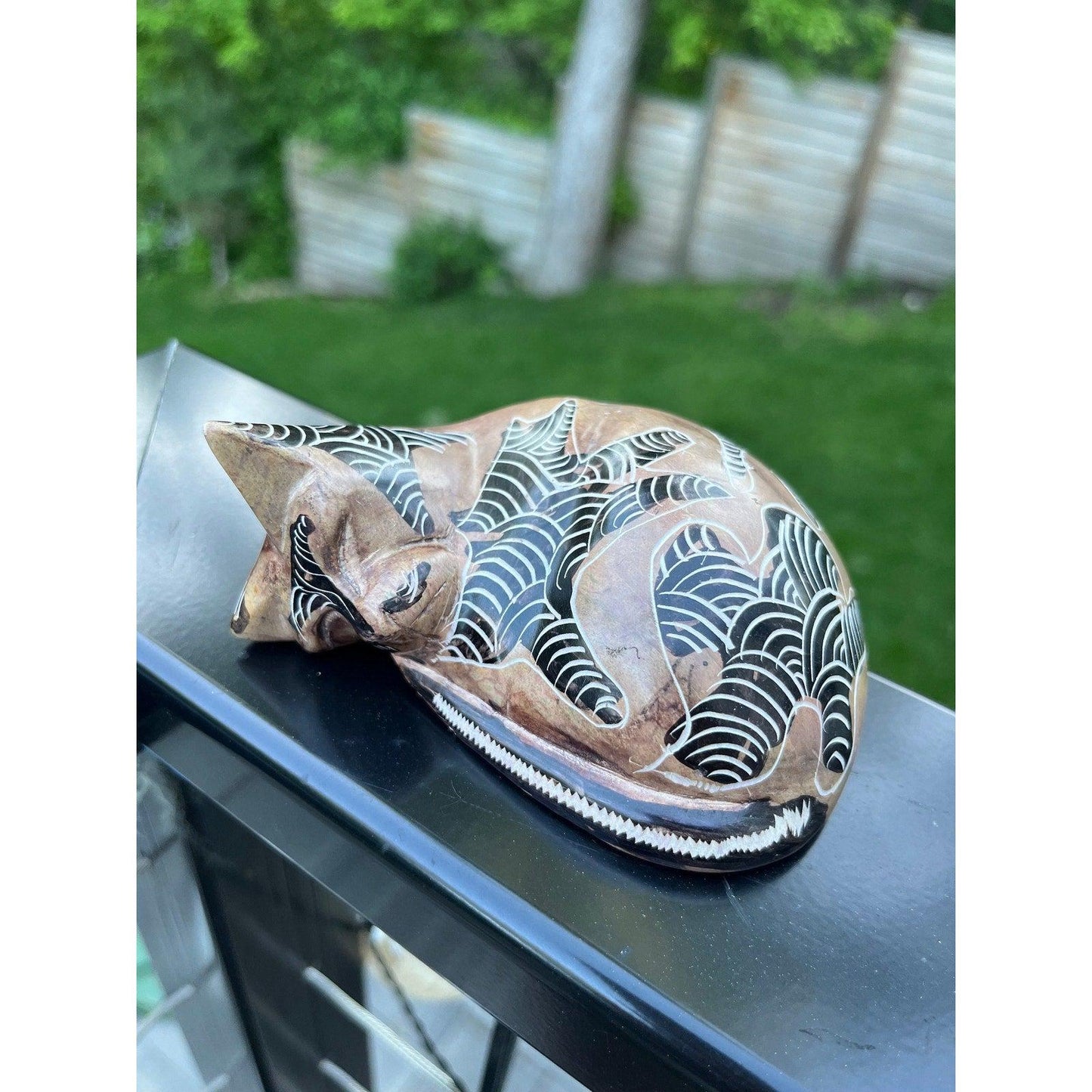 Vintage hand carved sand stone sleeping kitty figurine