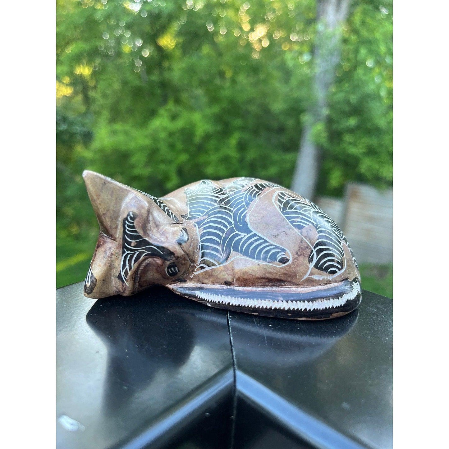 Vintage hand carved sand stone sleeping kitty figurine