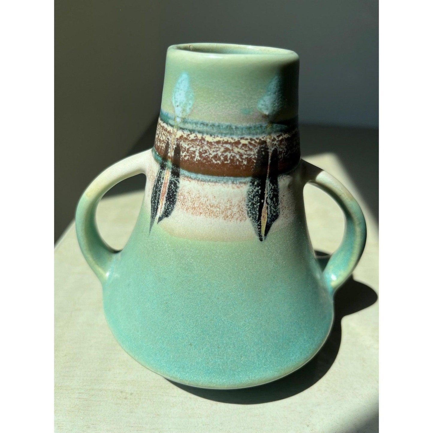 Mid-century 1950s two-handled Vase Made in Japan, Roseville "Monticello" Pattern