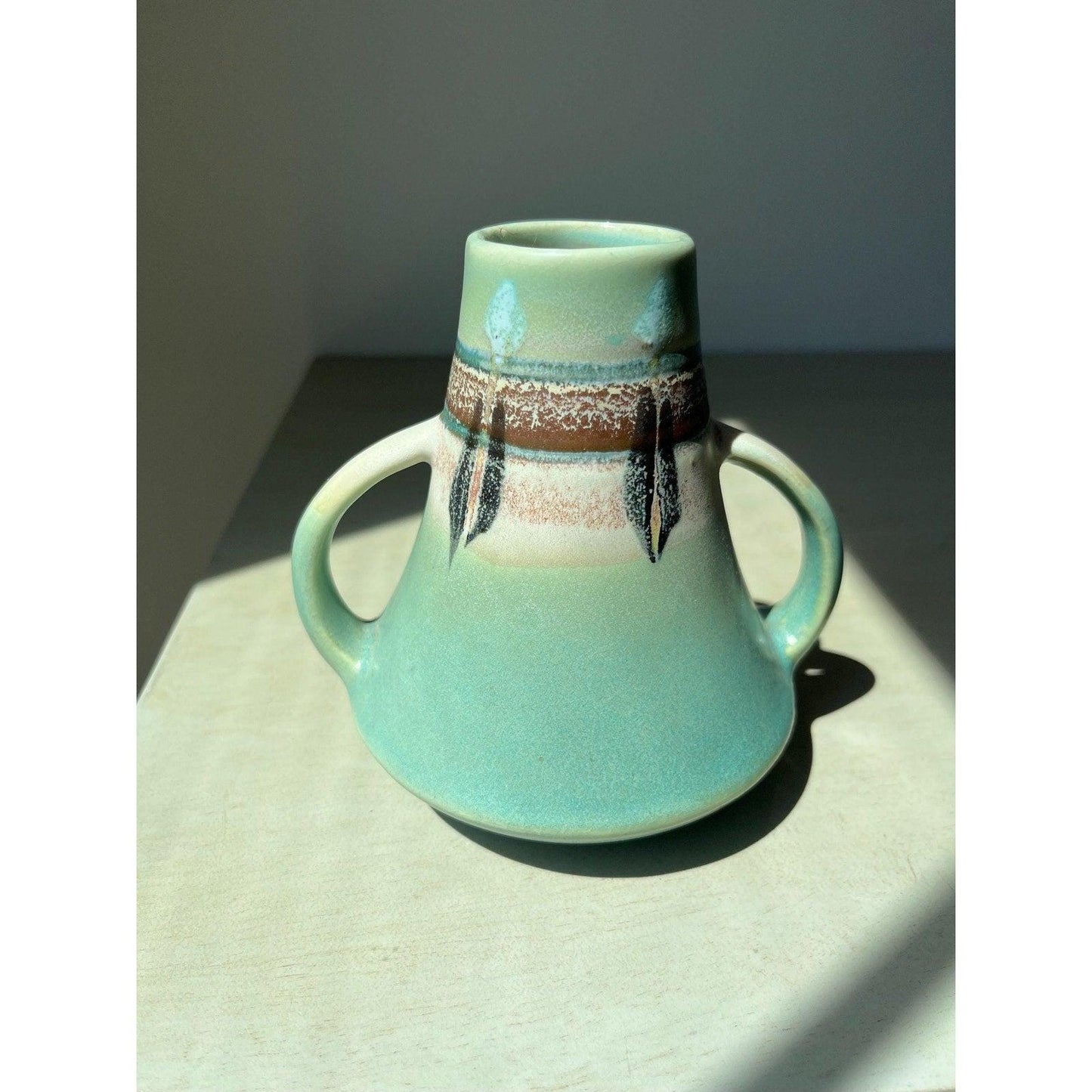 Mid-century 1950s two-handled Vase Made in Japan, Roseville "Monticello" Pattern