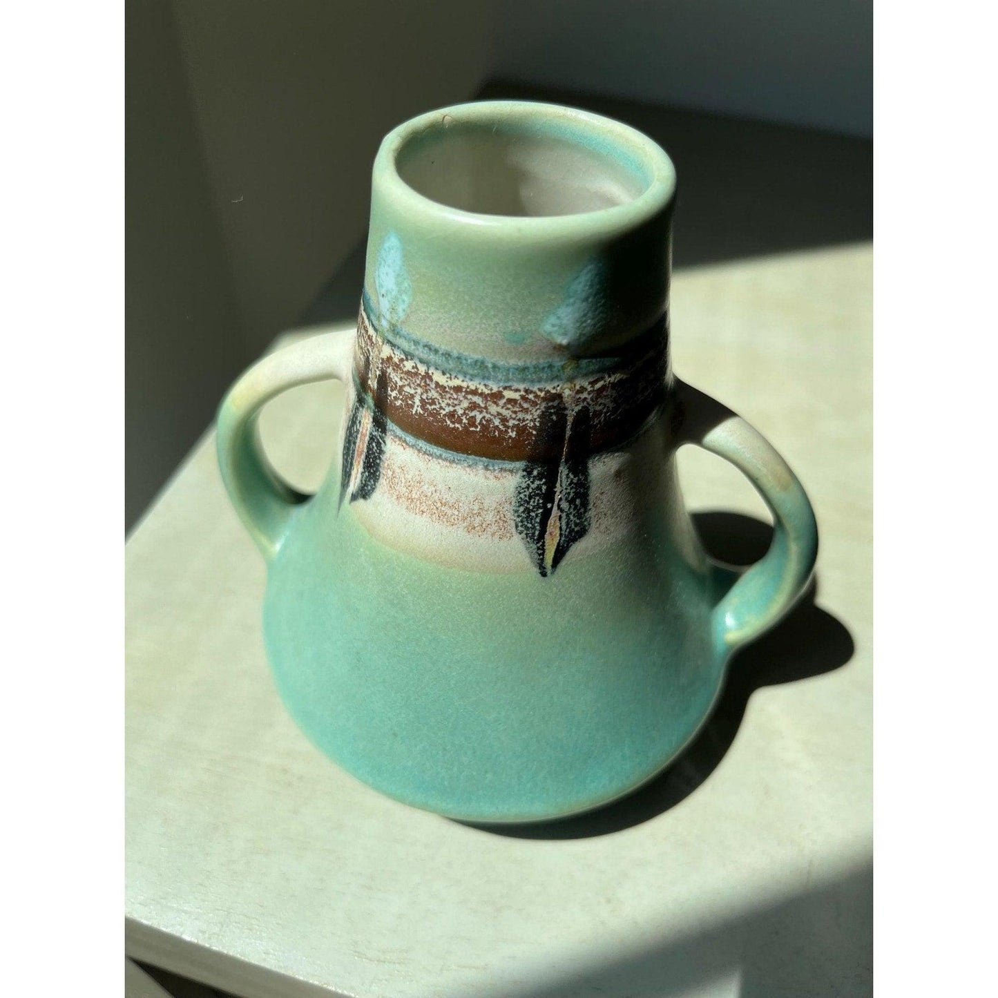 Mid-century 1950s two-handled Vase Made in Japan, Roseville "Monticello" Pattern
