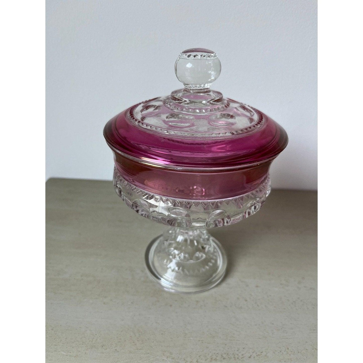 Vintage MCM Large Tiffin-Franciscan King's Crown Pink Cranberry Compote with Lid