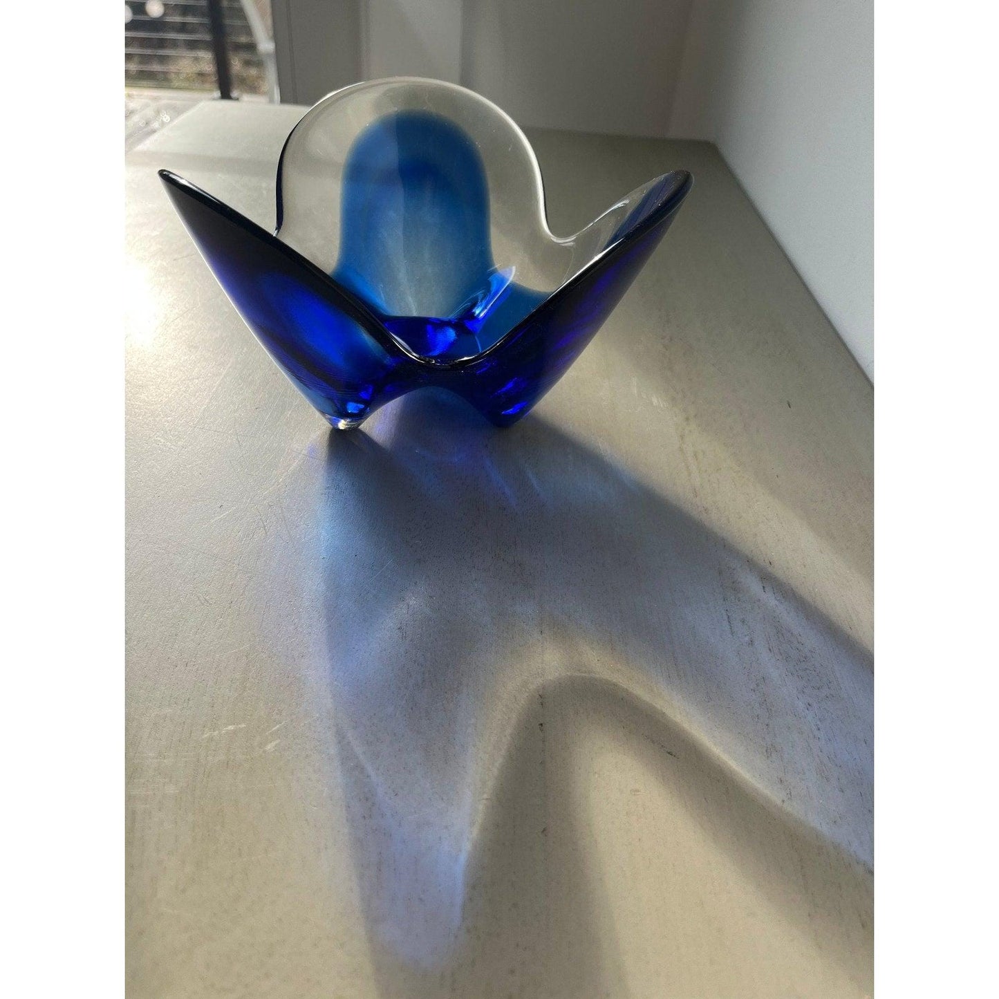 Mid Century Modern Abstract Blue and Clear Glass Decorative Bowl
