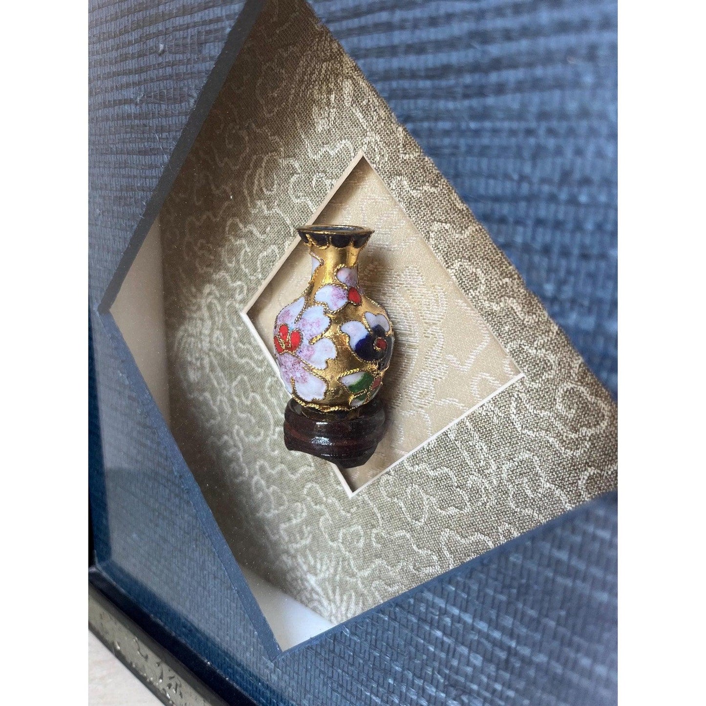 Vintage framed mini Cloisonne Enamel Chinese Vase in Shadow Box
