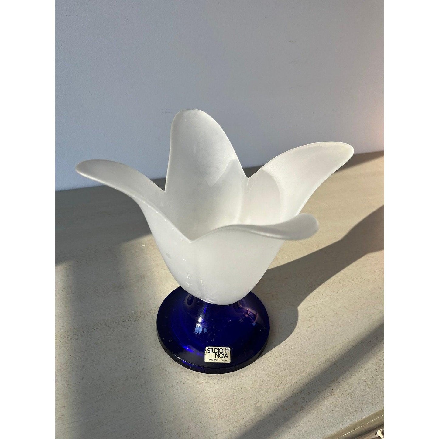 Vintage Studio Nova, cobalt blue and white frosted glass lily vase