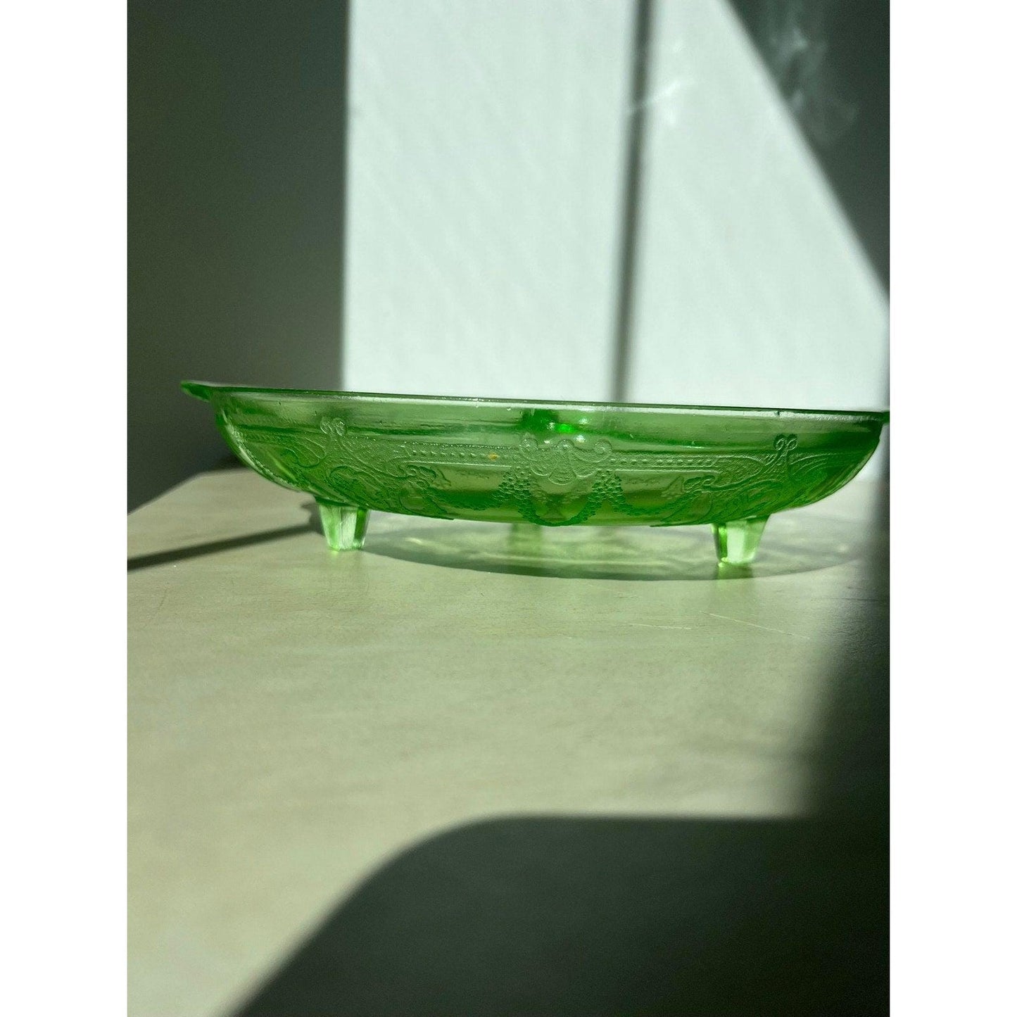 1930s Anchor Hocking vaseline (uranium) glass relish dish